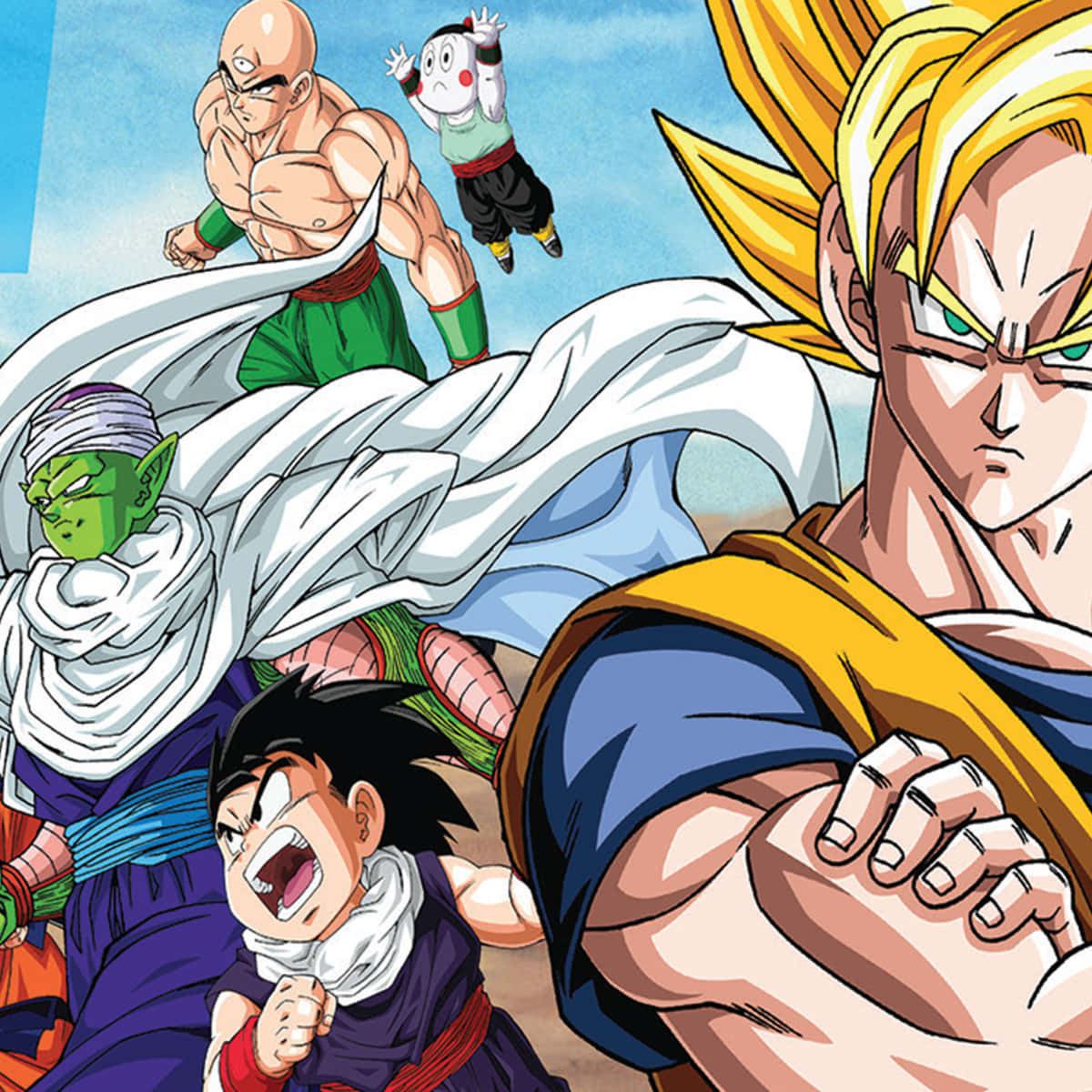 Dbz 桌布 壁紙 — 動漫戰士在明亮的藍天下激烈戰鬥，披風飄揚，表情專注。