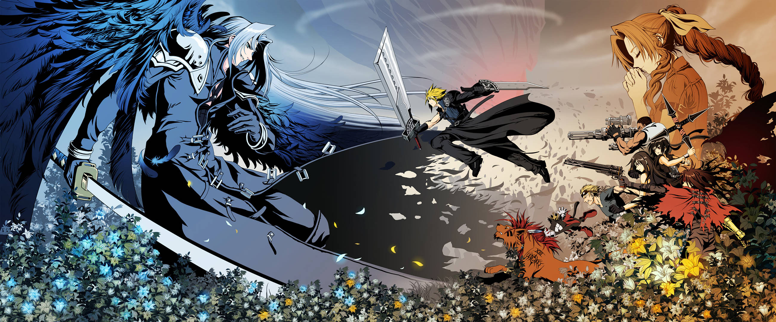 Sephiroth 桌布 壁紙 — 動漫戰士在暮色天空下，於鮮花叢中展開戲劇性的戰鬥。