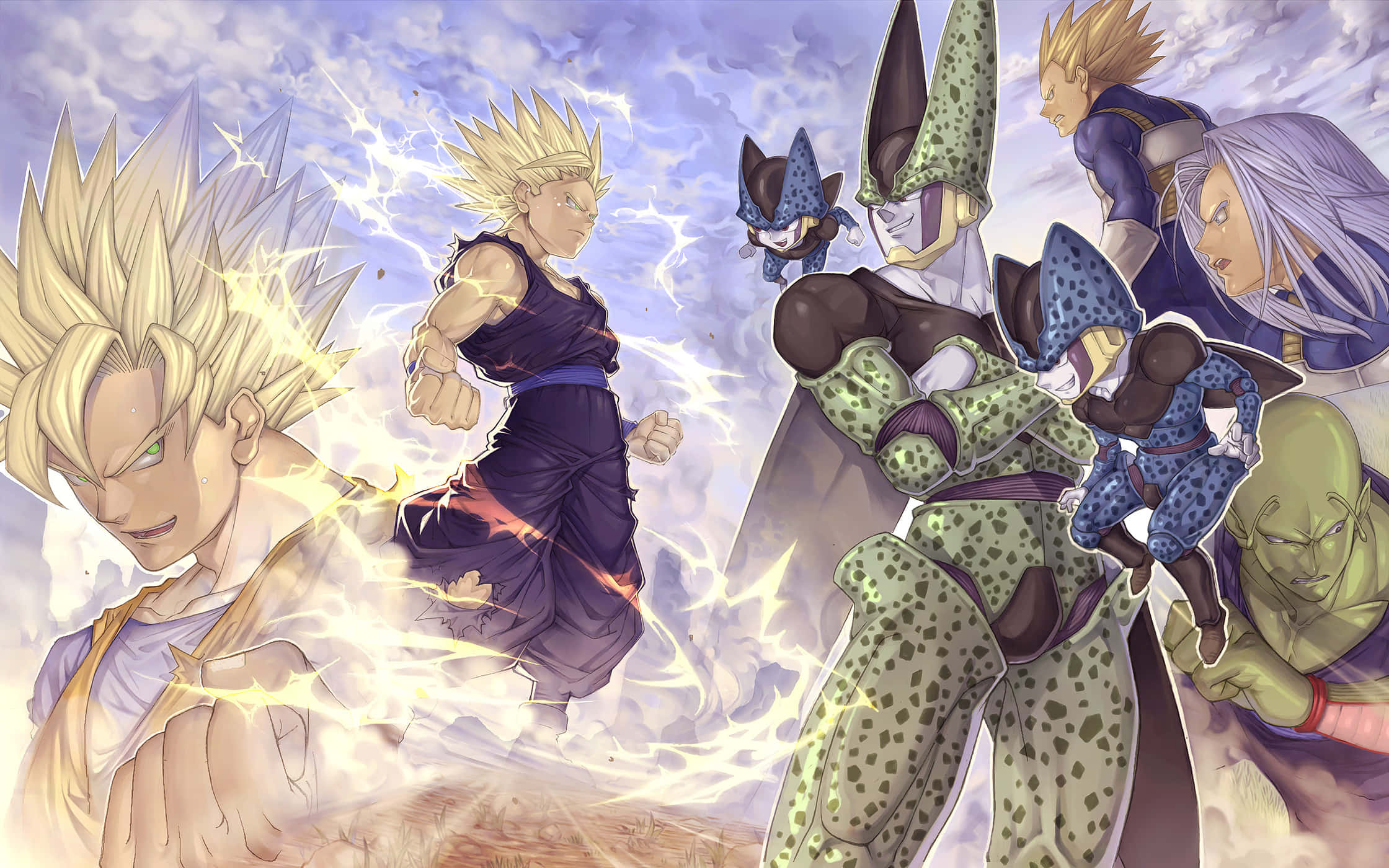 Cool Dragon Ball 桌布 壁紙 — 動漫戰士在暴風雨的天空下，以閃電和能量效果展開動態戰鬥場景。