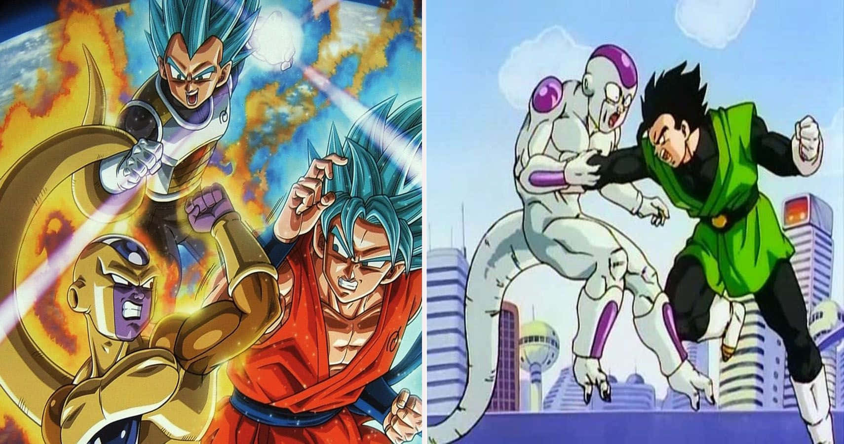 Vegeta And Frieza 桌布 壁紙 — 動漫戰士在火熱和城市環境中戰鬥，伴隨著動態的能量爆炸和激烈的表情。