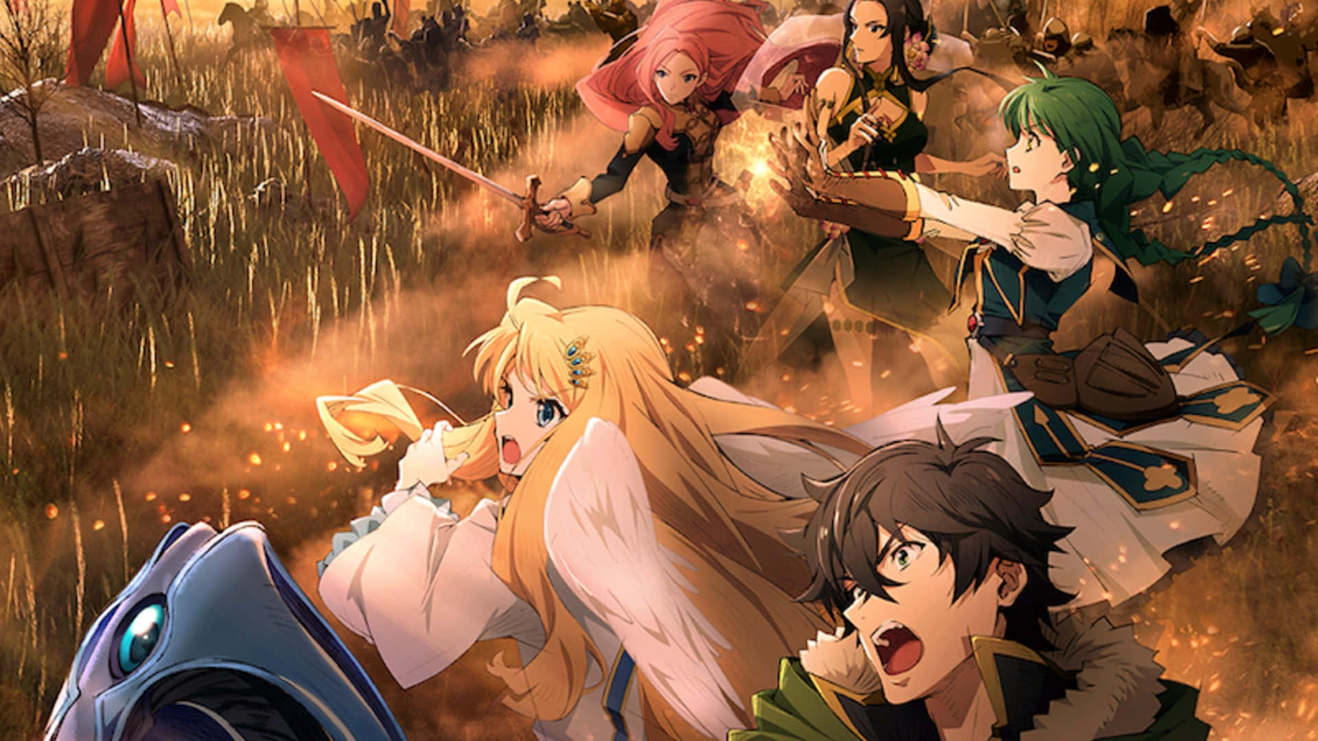 Shield Hero 桌布 壁紙 — 動漫戰士在熾熱的戰場上碰撞，手持發光劍，動態姿勢，周圍是金色草地和煙霧。