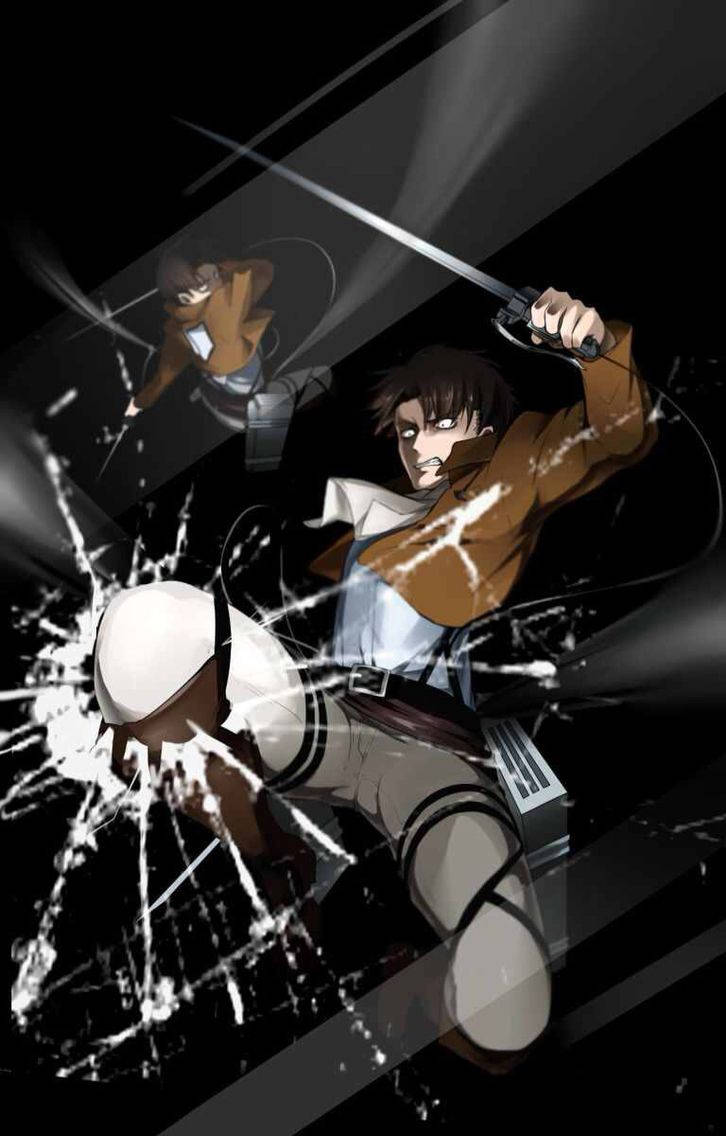 Attack On Titan iPhone 桌布 壁紙 — 動漫戰士在破碎玻璃中揮劍戰鬥，背景為深色斜線與動態光效。