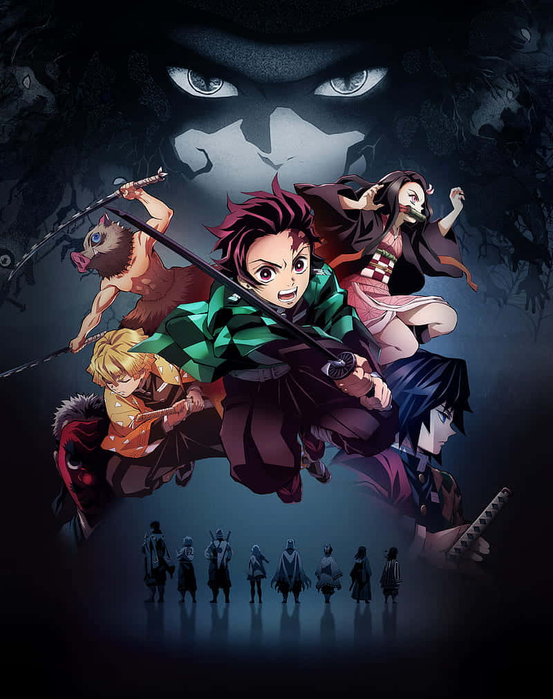 Demon Slayer Group 桌布 壁紙 — 動漫戰士在黑暗、充滿氣氛的戰鬥場景中與逼近的惡魔面孔交鋒。