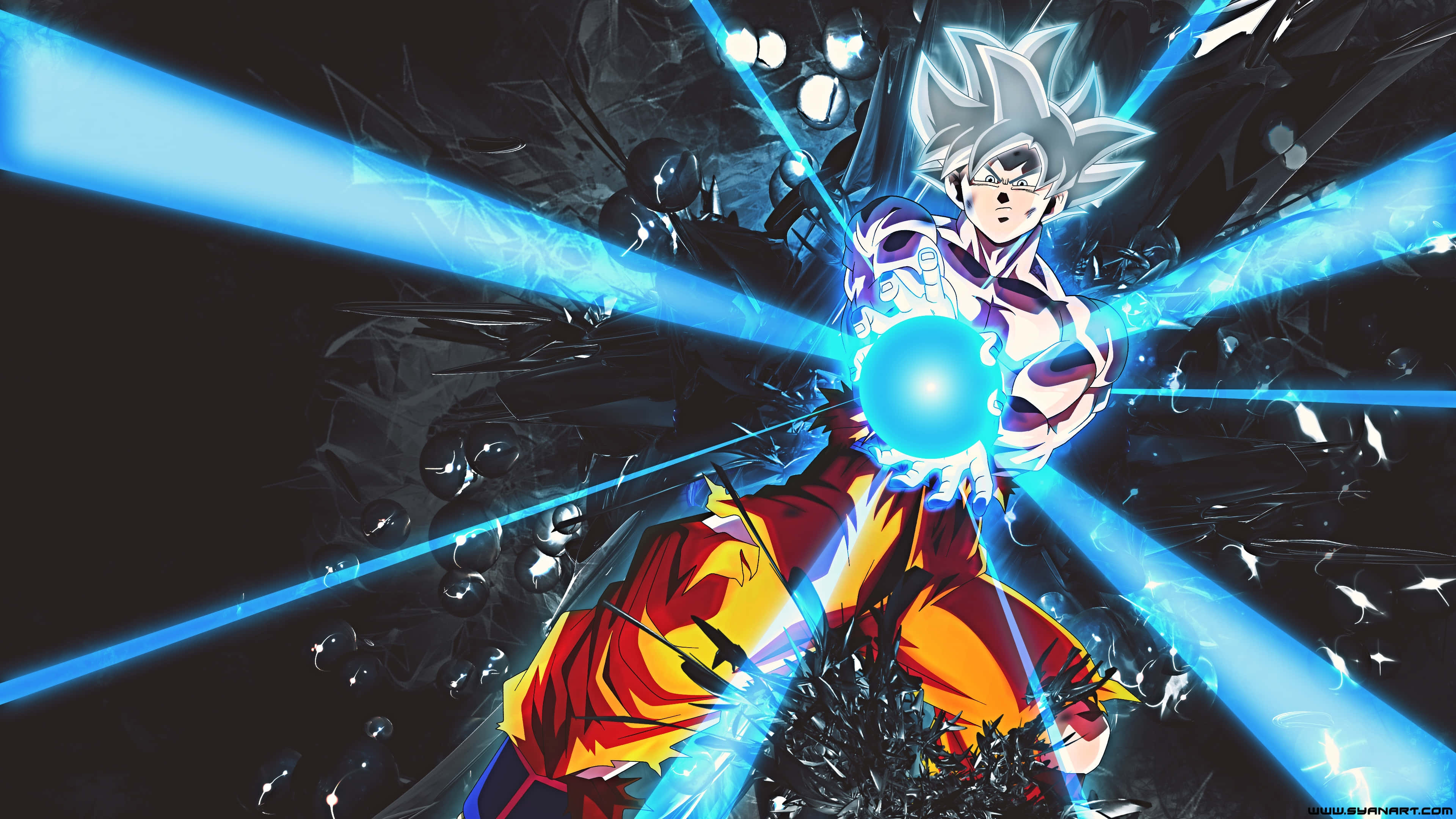 Dragon Ball Goku Ultra Instinct 桌布 壁紙 — 動漫戰士從手中引導藍色能量光束，對抗破碎的黑暗背景。