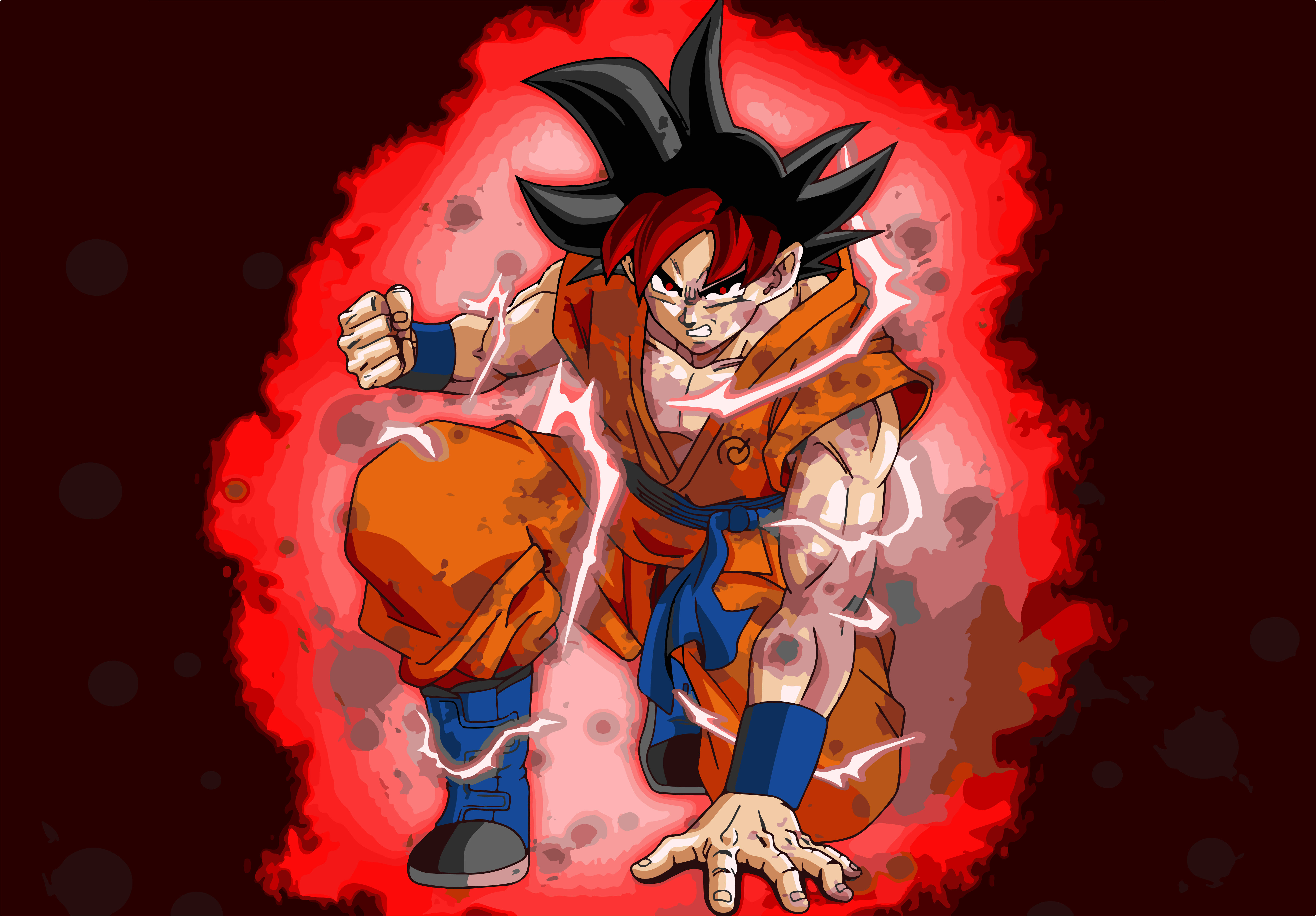 kaioken 桌布 壁紙 — 動漫戰士悟空以超級賽亞人形態散發出紅色能量，閃電在他周圍劈啪作響，背景為黑暗。