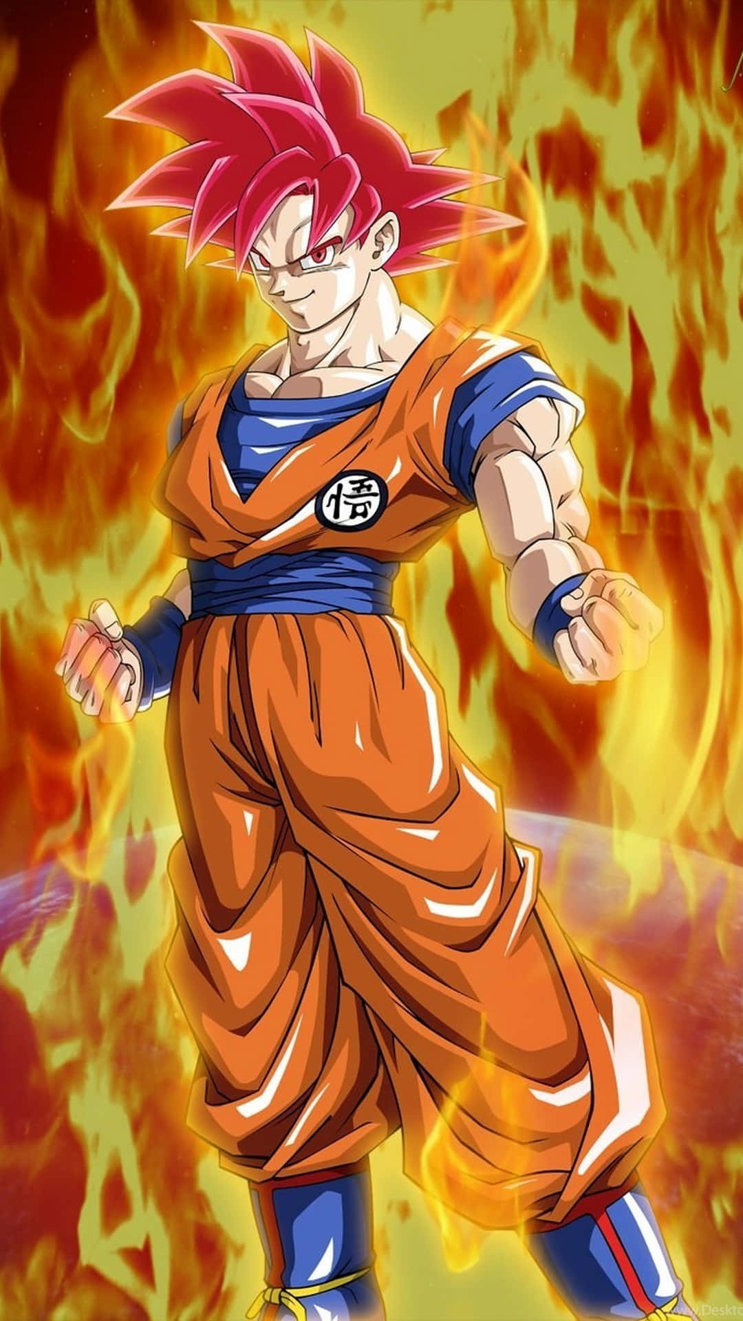 Saiyan 桌布 壁紙 — 動漫戰士悟空以超級賽亞人桃紅形態，強勢地站在火熱的橙色和黃色背景前。