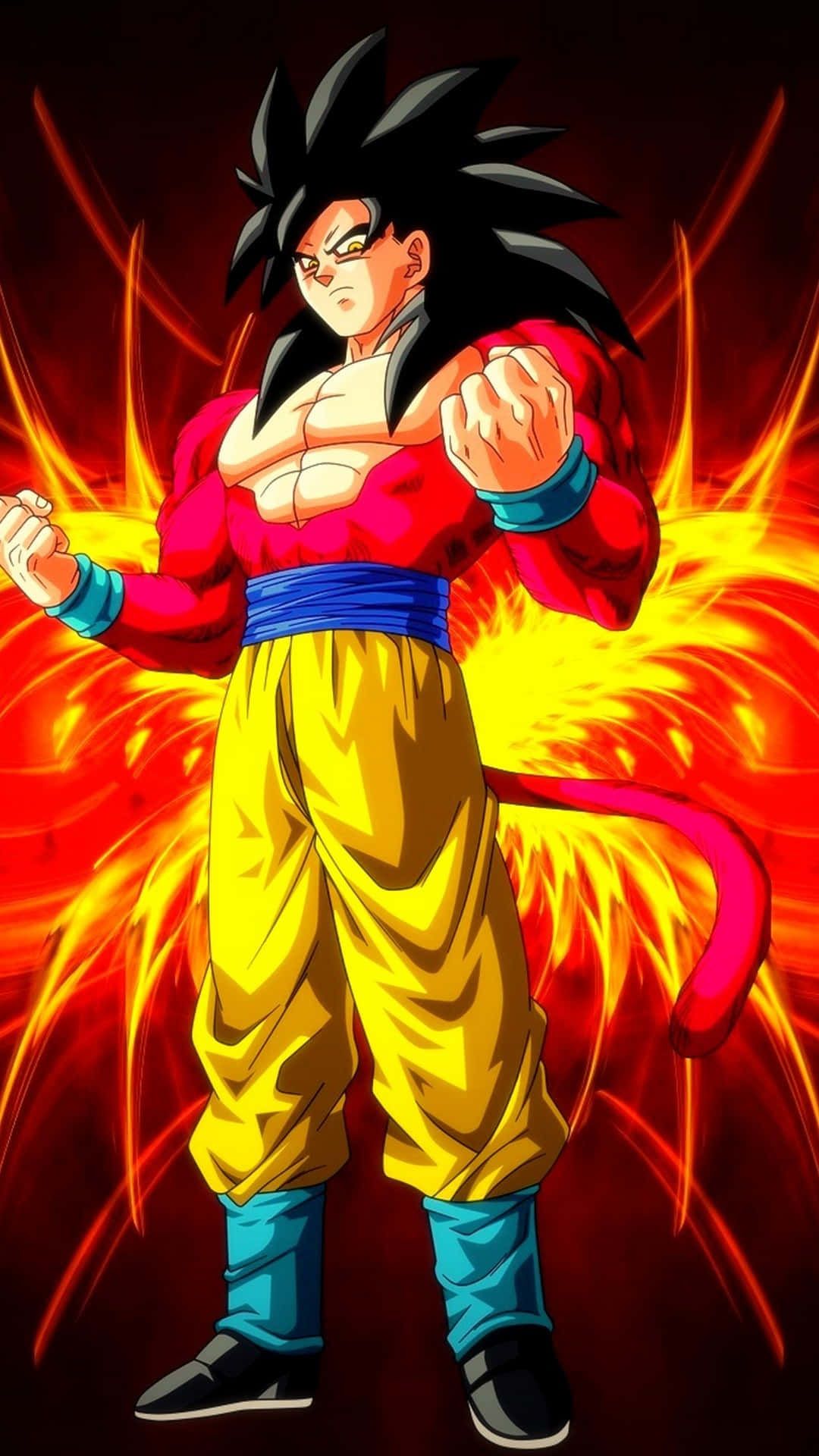 Goku Super Saiyan 4 桌布 壁紙 — 動漫戰士悟空以超級賽亞人神的形態，在熾熱的紅橙色背景下，緊握拳頭散發出火熱的能量。