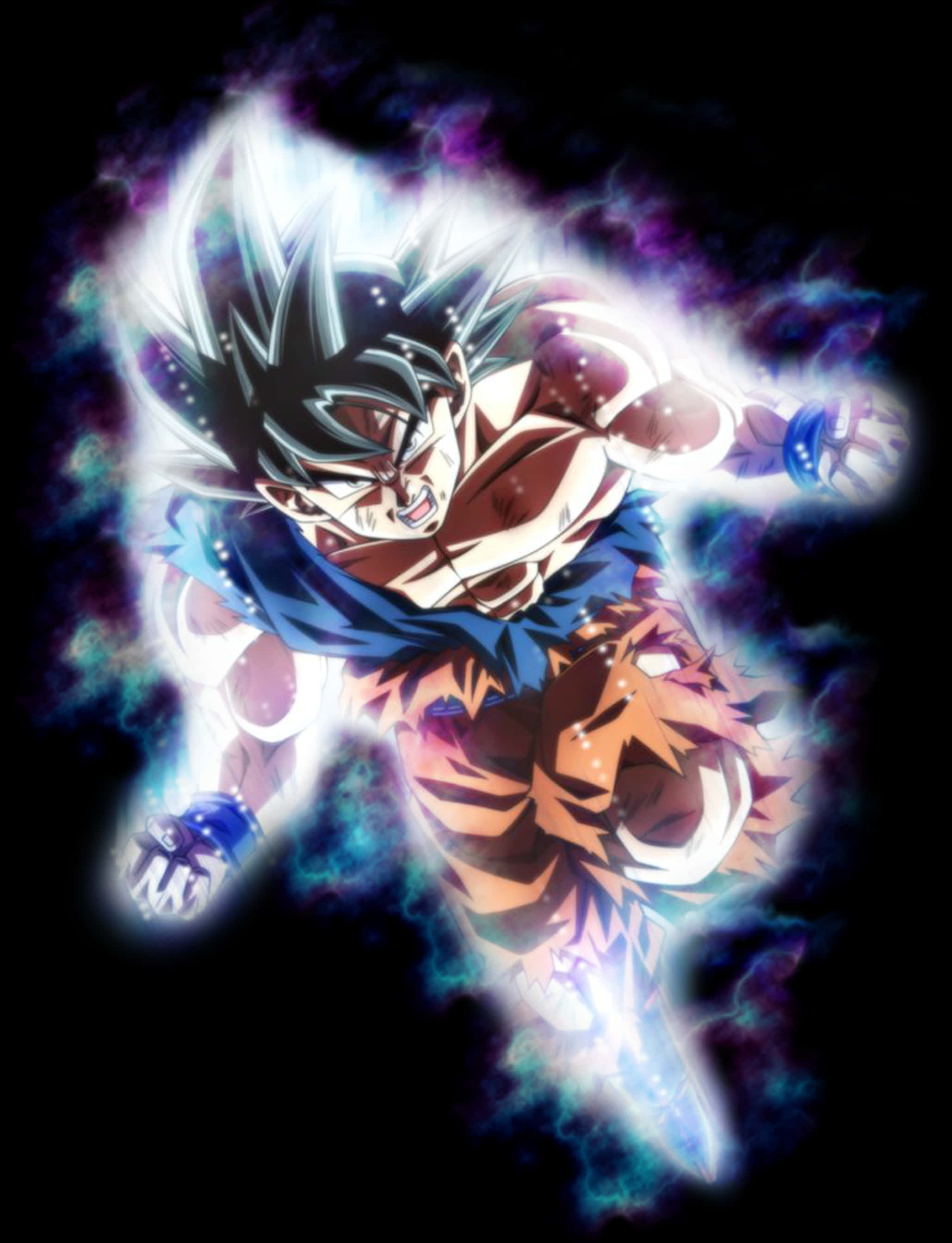 Goku Dragon Ball Super 桌布 壁紙 — 動漫戰士悟空以超級賽亞人藍色形態，在黑暗的宇宙背景下散發出強烈的藍色和白色能量。