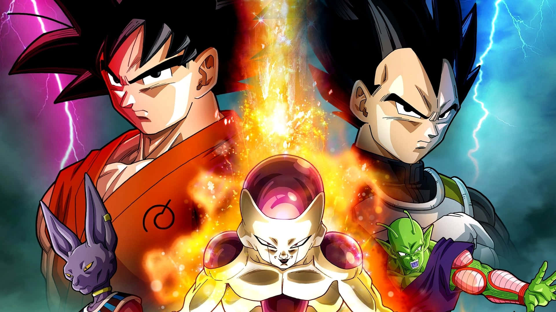 Dbz Movies 桌布 壁紙 — 動漫戰士悟空和達爾在電光交錯的天空下與弗利沙展開激烈戰鬥。