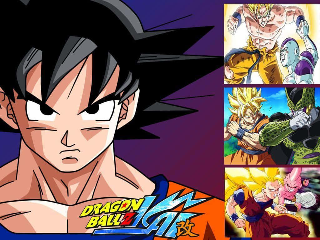 Dragon Ball Z Kai 桌布 壁紙 — 動漫戰士悟空在充滿動感的七龍珠Z拼貼畫中凝視著，描繪了與弗利沙和賽魯等敵人的史詩戰鬥。