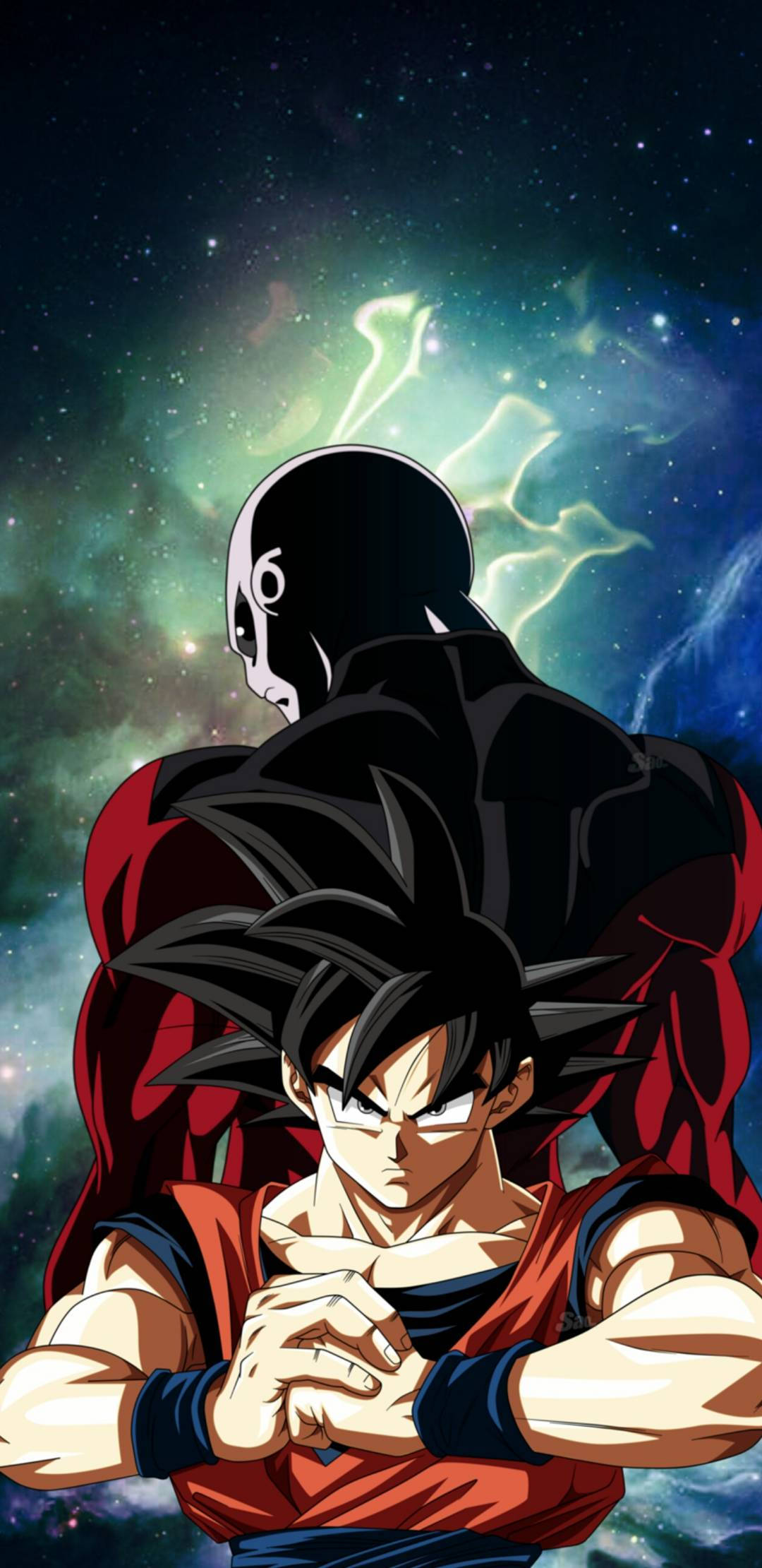 Super 桌布 壁紙 — 動漫戰士悟空在充滿活力的宇宙天空下，與一個戴面具的黑暗人物對峙，周圍環繞著發光的能量。
