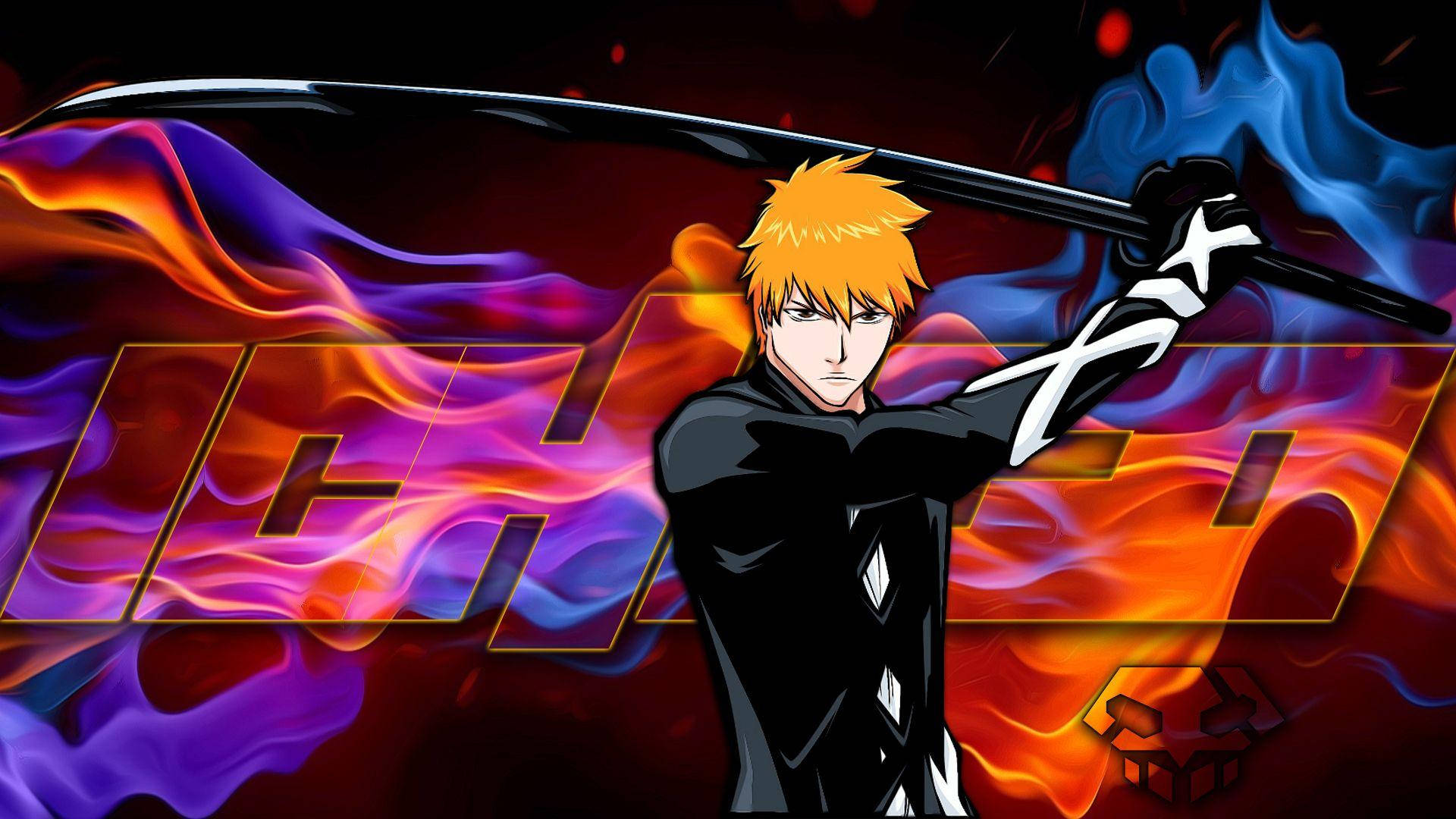 Bankai 桌布 壁紙 — 動漫戰士擁有尖刺橙色頭髮，在深色背景下於旋轉的藍色和橙色火焰中揮舞劍。
