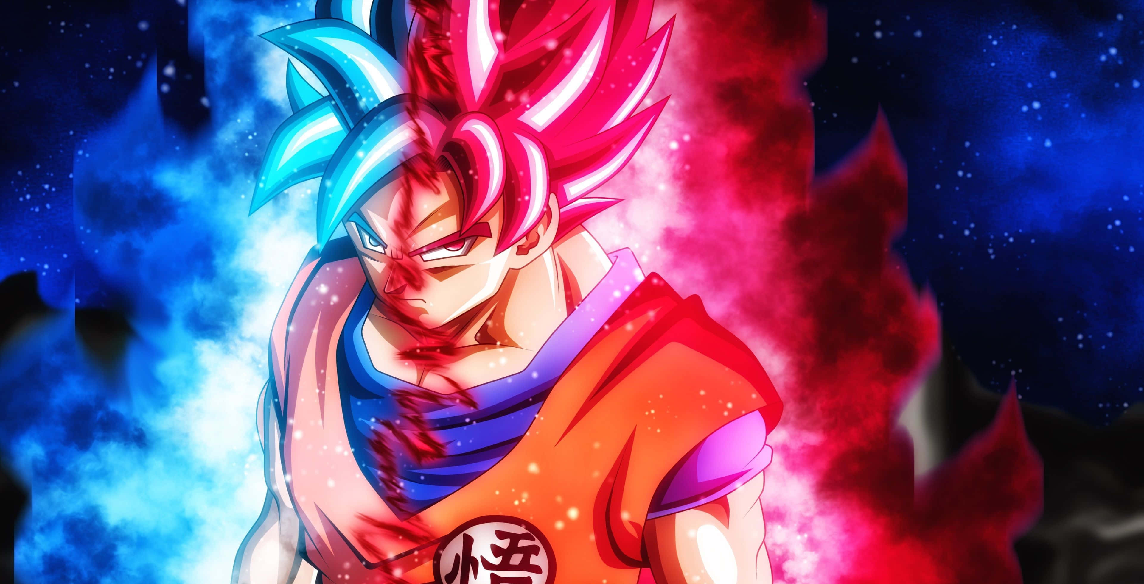 Dragon Ball Heroes 桌布 壁紙 — 動漫戰士擁有尖刺的藍色和紅色頭髮，在宇宙星空背景下散發力量。