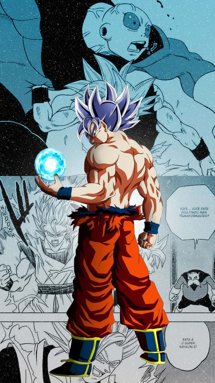 Mui Goku 桌布 壁紙 — 動漫戰士擁有尖刺藍色頭髮，手持發光藍色球體，面對宇宙背景中巨大的威脅性外星人。
