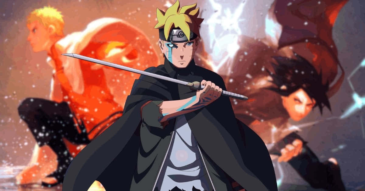 Boruto Naruto Next Generations 桌布 壁紙 — 動漫戰士擁有尖刺金髮，揮舞著劍，身後兩名戰士在熾熱能量中交鋒。