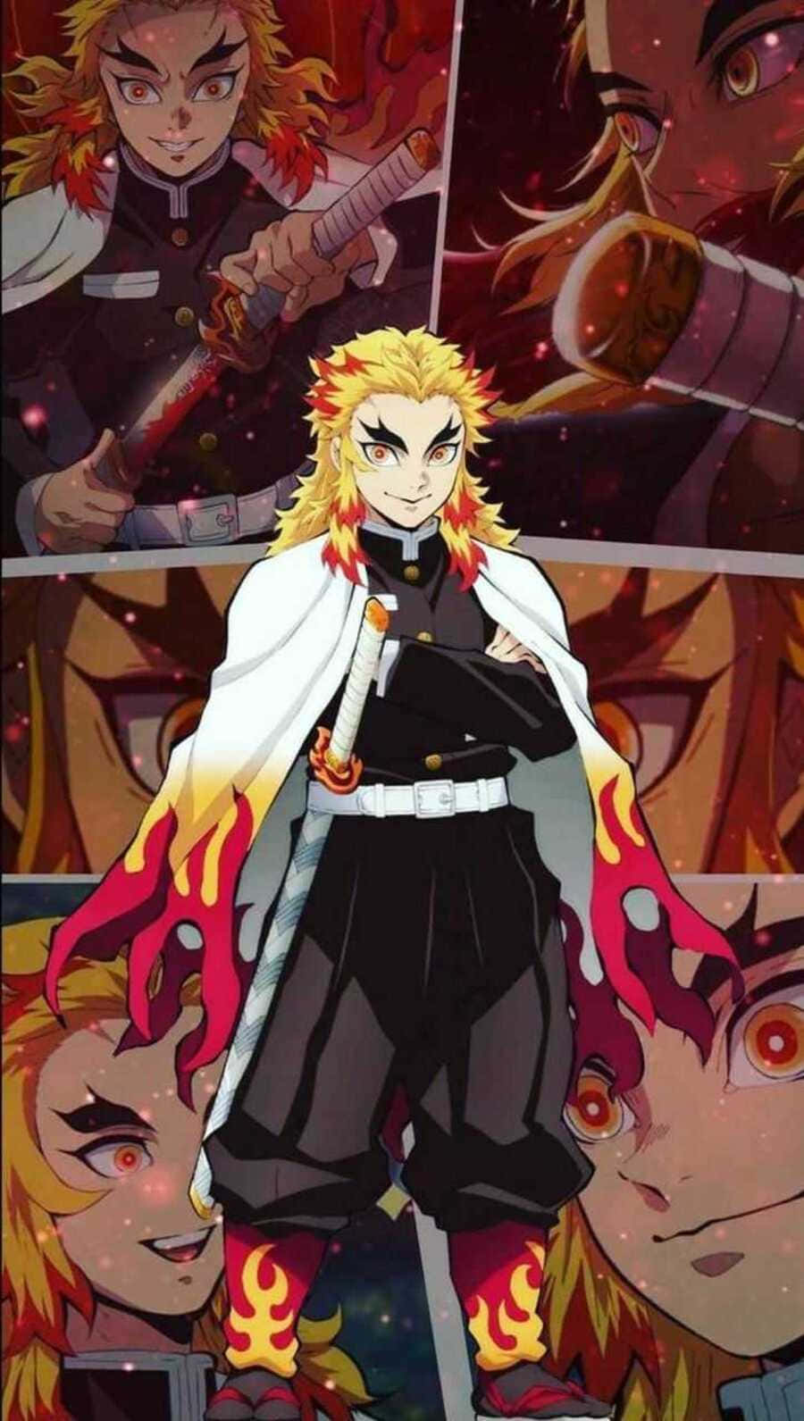 Rengoku Aesthetic 桌布 壁紙 — 動漫戰士擁有火熱金髮和劍，自信地站在由強烈特寫和發光紅色火花組成的拼貼畫前。