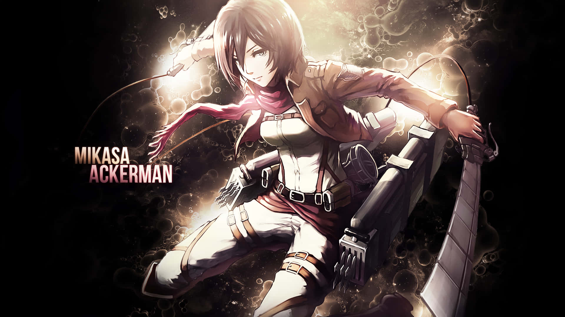 Mikasa Ackerman 桌布 壁紙 — 動漫戰士米卡莎·阿卡曼身穿戰鬥裝備，在黑暗背景下揮舞一把帶有發光能量效果的巨劍。