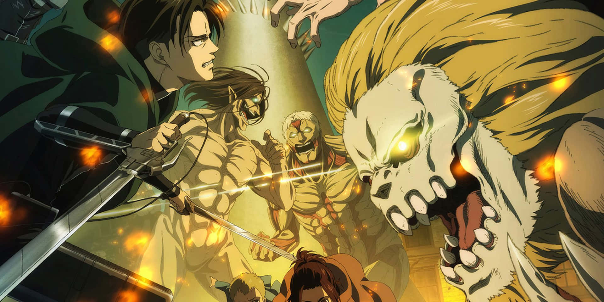 Great Titan War 桌布 壁紙 — 動漫戰士與巨型人形泰坦在熾熱的戰鬥場景中碰撞，眼睛發光，動作動感十足。