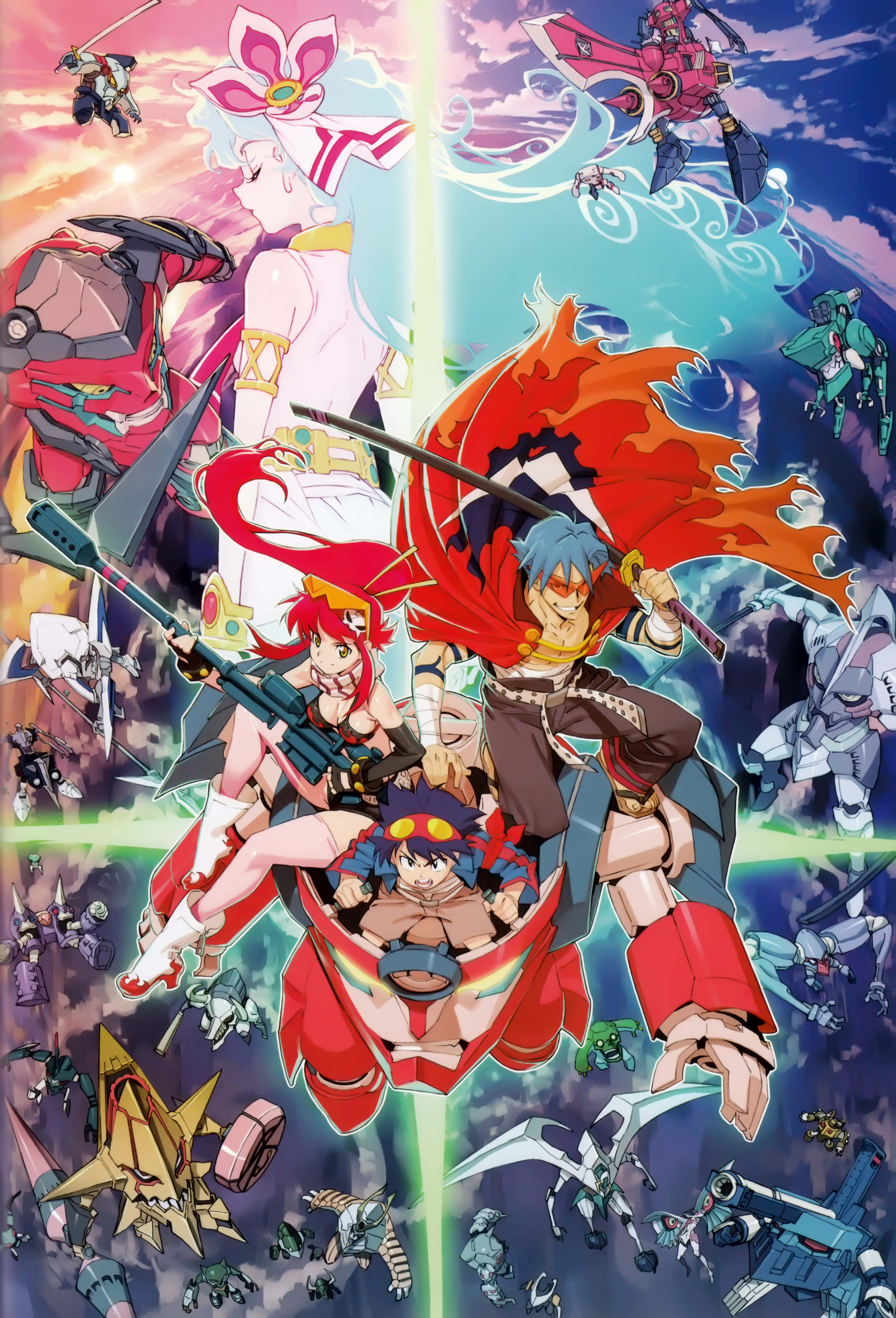Gurren Lagann 桌布 壁紙 — 動漫戰士與機甲在光芒四射的天空中碰撞，天空被一道發光的射線分割，漂浮的花朵和動態的動作交織其中。