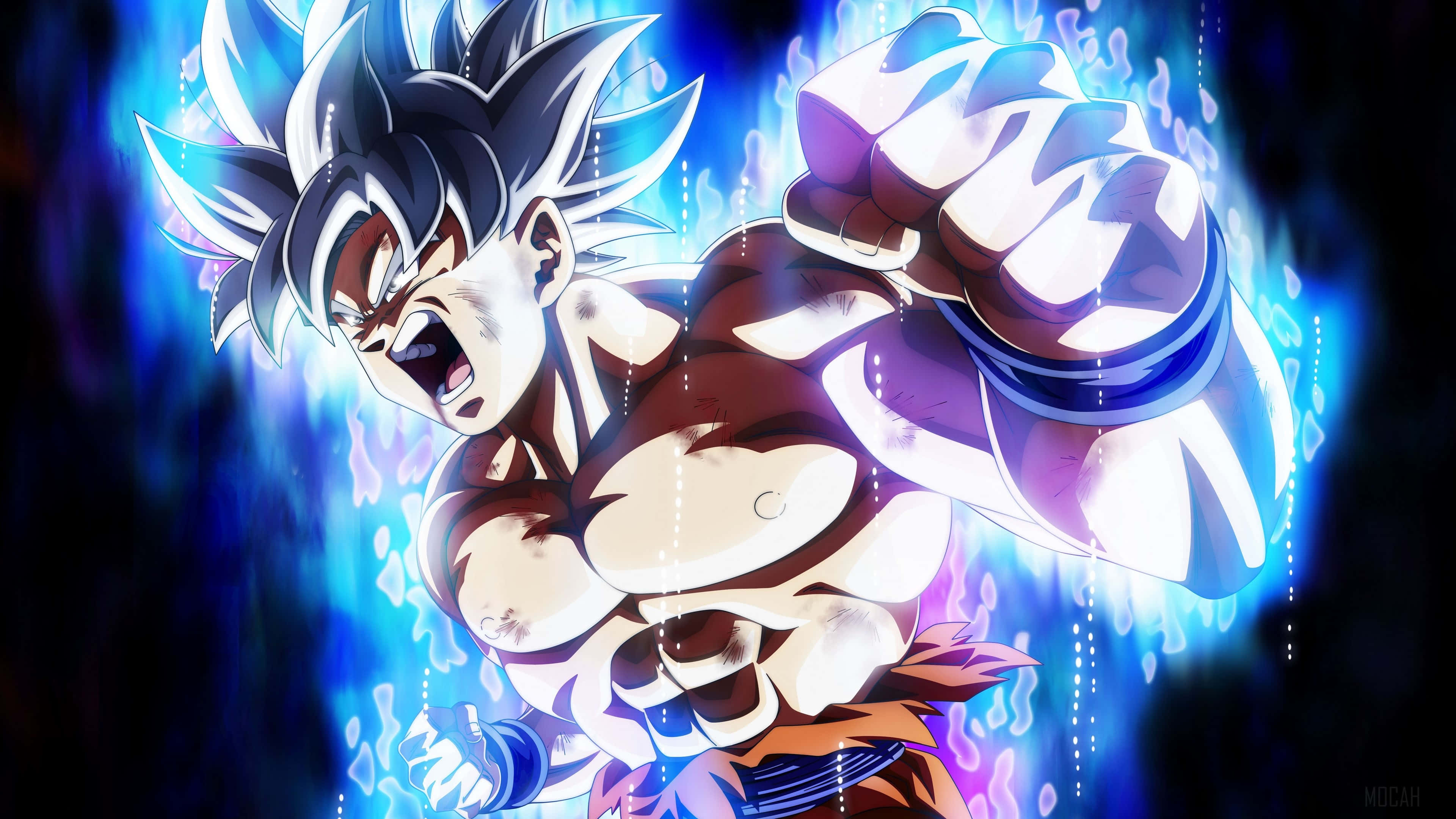 Dragon Ball Goku Ultra Instinct 桌布 壁紙 — 動漫戰士豎起頭髮，被電藍色能量光環包圍，憤怒咆哮。