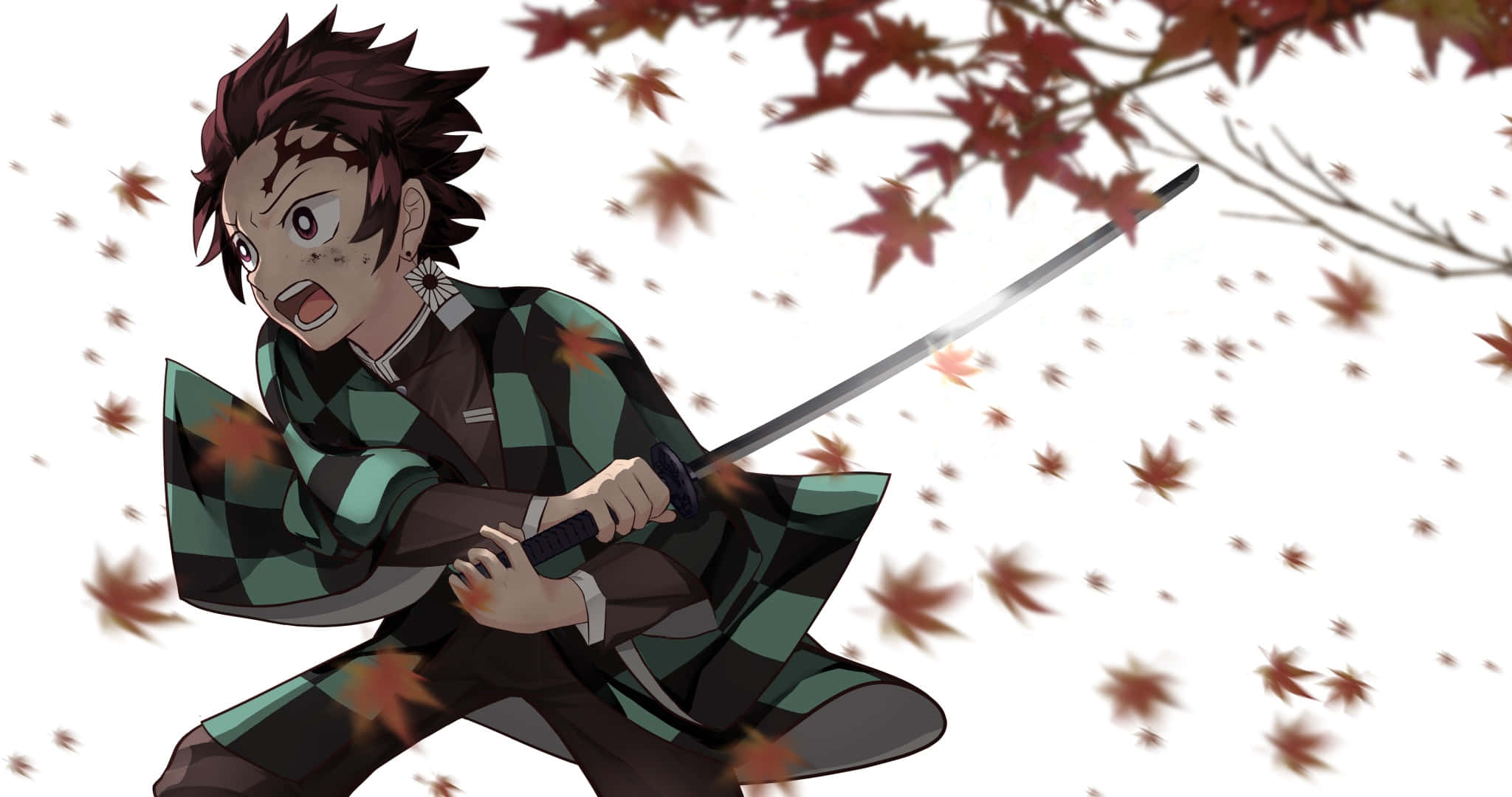 炭治郎 桌布 壁紙 — 動漫戰士身穿格紋和服，在白色背景前揮劍斬落秋天的楓葉。