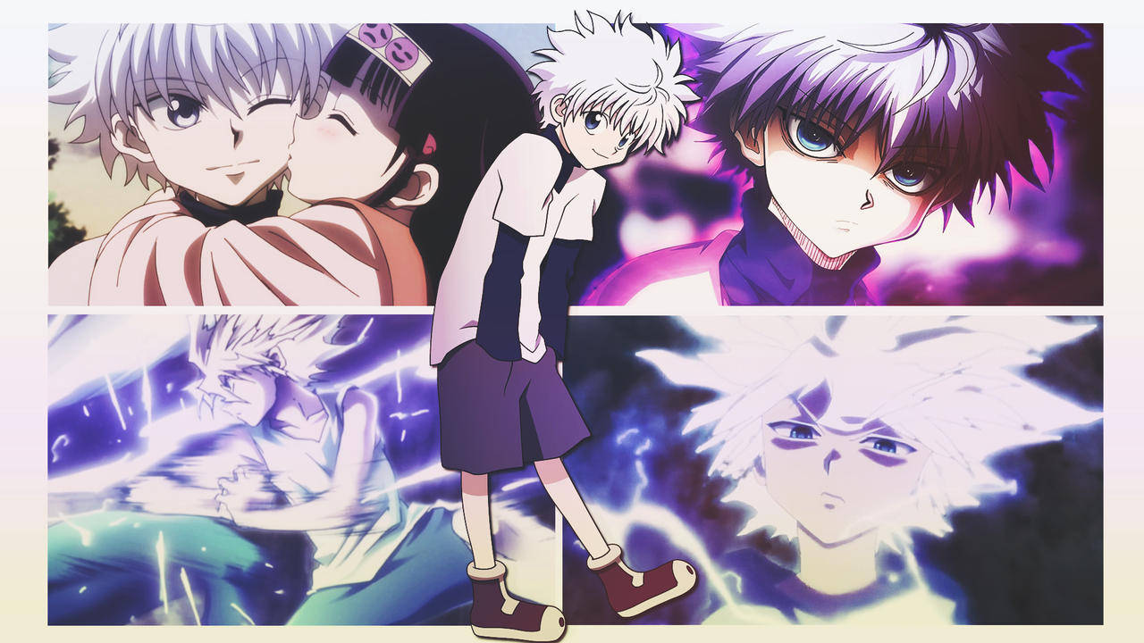 動漫男孩 桌布 壁紙 — 動漫拼貼畫， featuring Hunter x Hunter 角色以動態姿勢呈現，帶有鮮豔的紫色、藍色和白色能量效果。