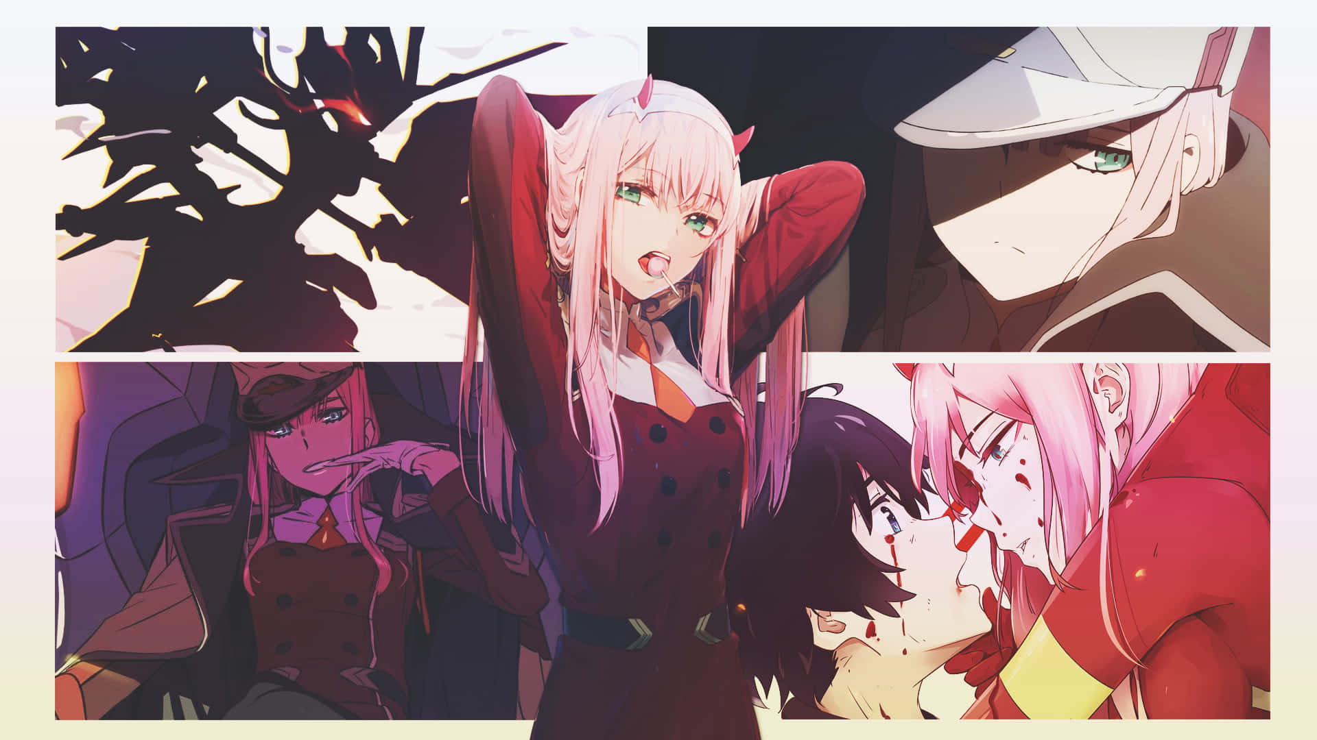 DARLING in the FRANXX 桌布 壁紙 — 動漫拼貼畫， featuring 粉紅色頭髮的角色穿著戲劇性的紅色服裝，背景黑暗陰影，表情強烈。