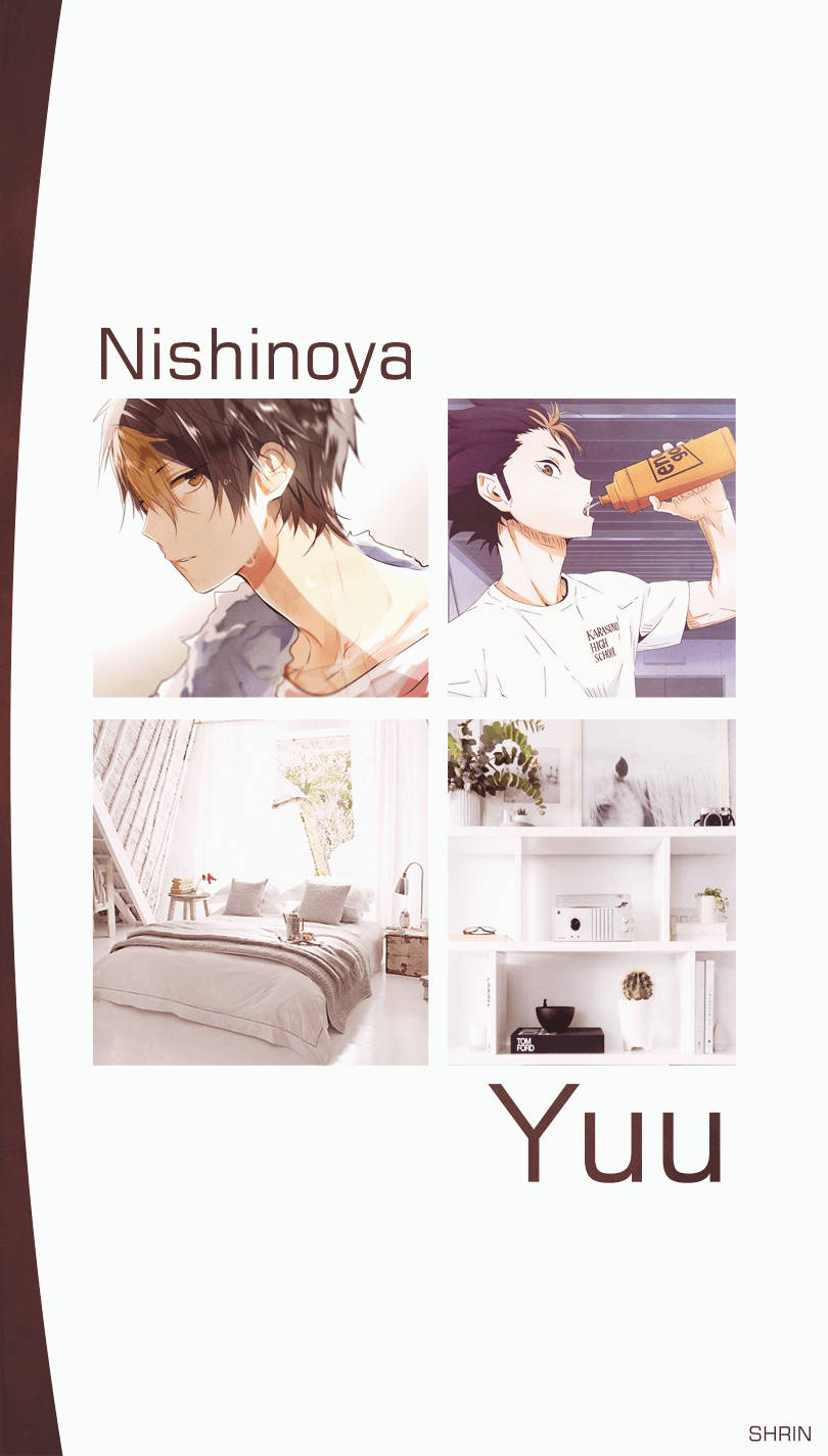 yu nishinoya 桌布 壁紙 — 動漫拼貼畫， featuring 西谷夕側面飲料，搭配明亮臥室和簡約層架。