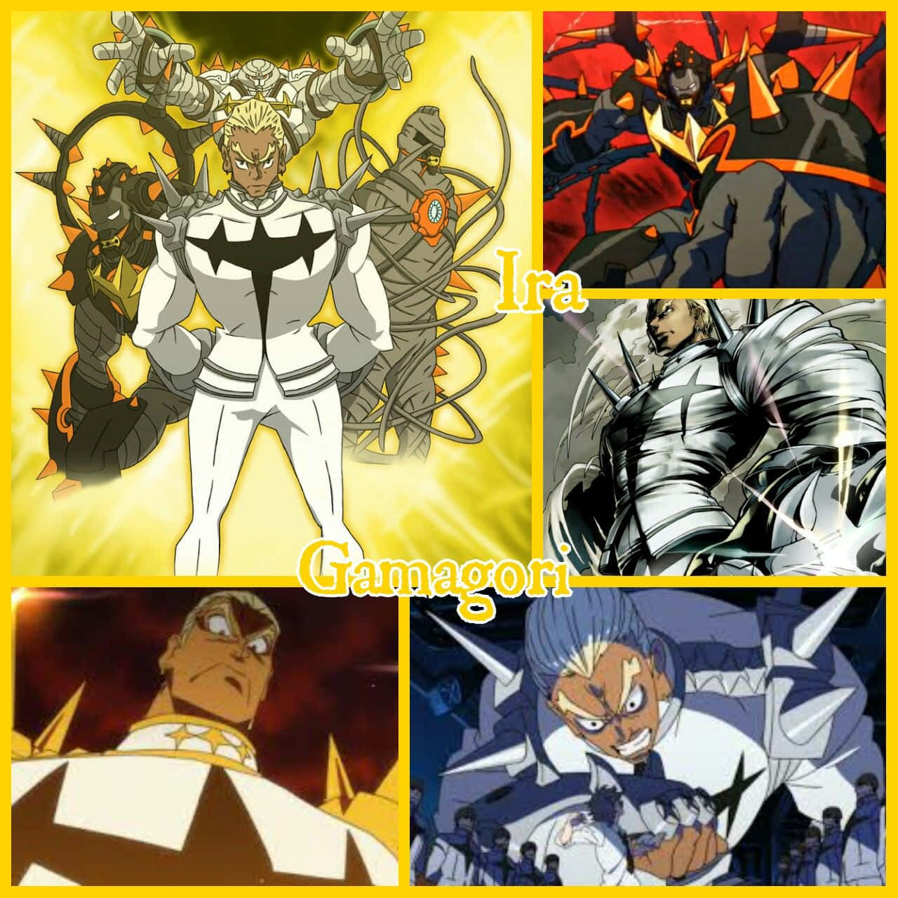Ira Gamagoori 桌布 壁紙 — 動漫拼貼畫，中央是一位裝甲戰士，周圍環繞著帶有威脅性尖刺的生物和強烈的角色特寫。