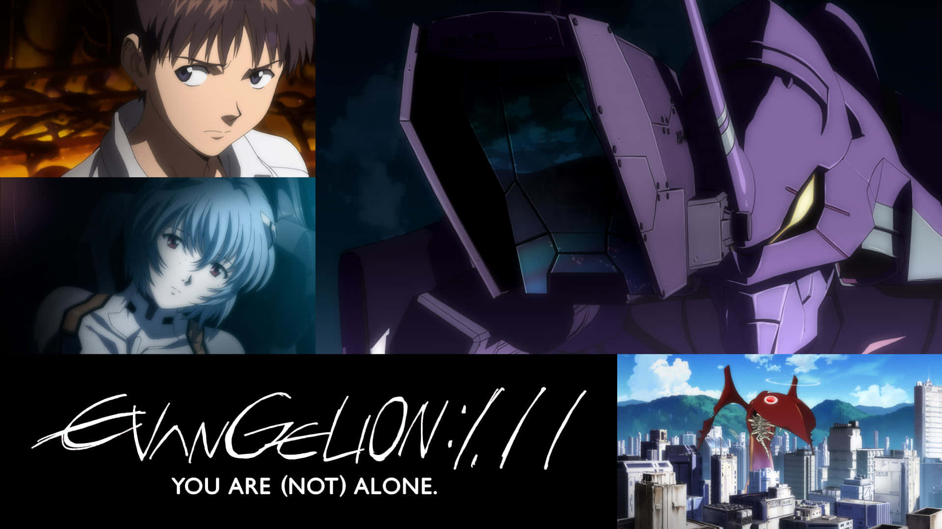 Evangelion 30 10 桌布 壁紙 — 動漫拼貼畫，描繪一名年輕男子、一名藍髮少女、一部紫色機甲和一位紅色天使在城市上空飛翔。