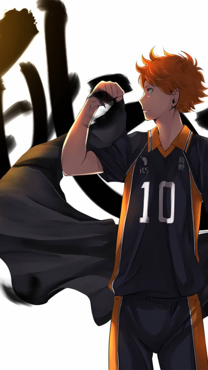 Hinata Shouyou 桌布 壁紙 — 動漫排球運動員，橙色頭髮，穿著黑色和橙色球衣，在粗獷的筆觸背景下彎曲手臂。