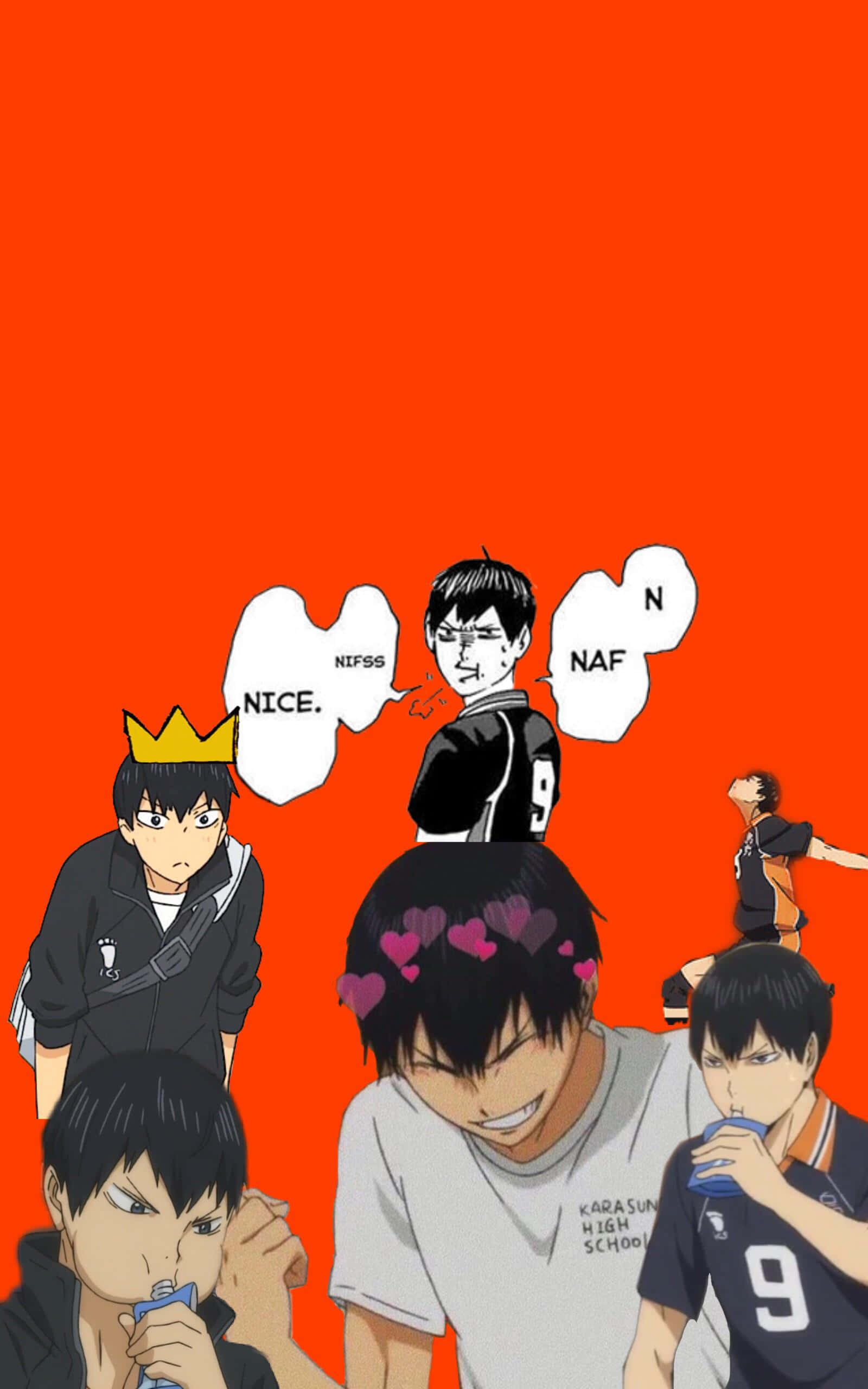 Haikyuu Captains 桌布 壁紙 — 動漫排球運動員以動態姿勢，搭配大膽橙色背景，附有對話氣泡和心形圖案。