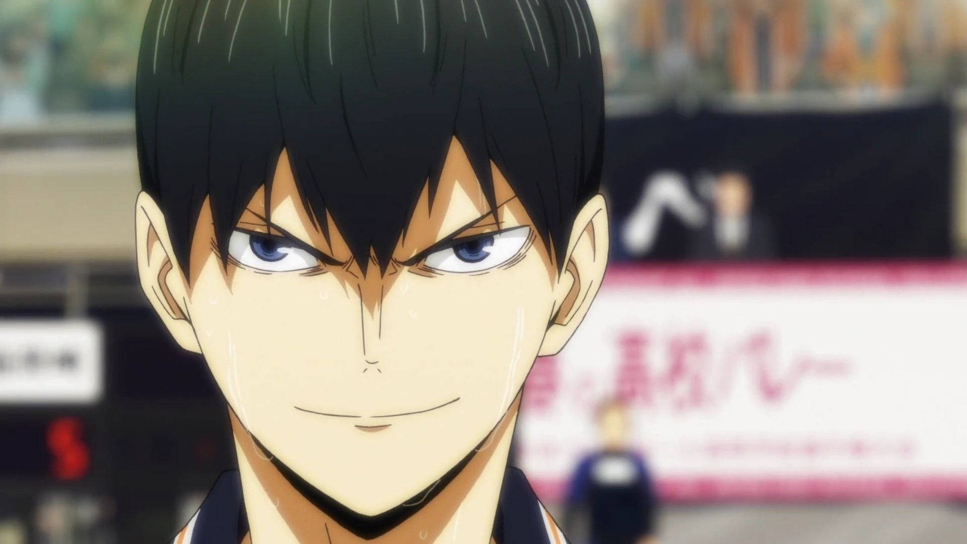 Kageyama 桌布 壁紙 — 動漫排球運動員的特寫，他擁有強烈的藍色眼睛，汗水在比賽中沿著臉頰滴落。