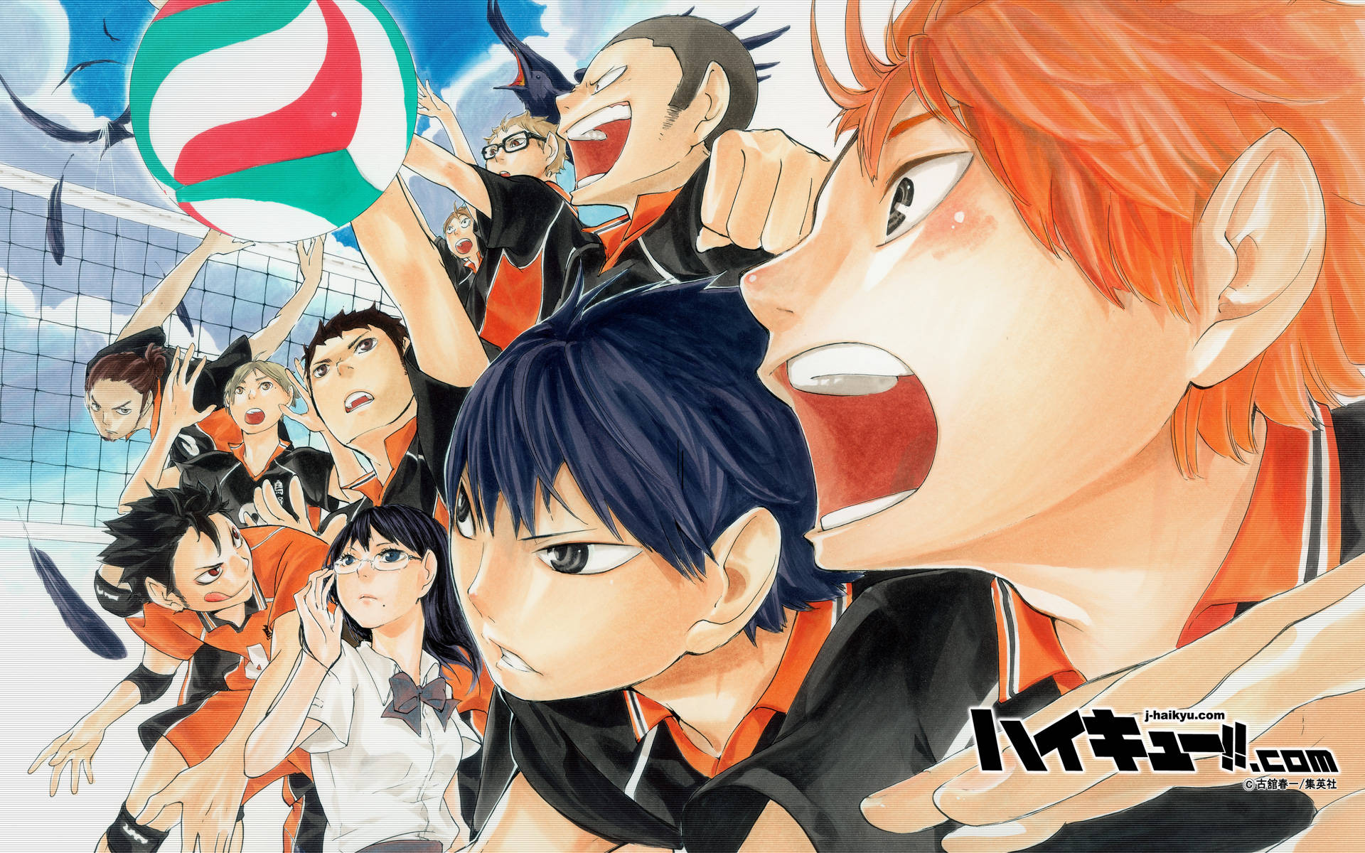 Teams 桌布 壁紙 — 動漫排球運動員穿著黑色和橙色制服，在明亮的藍天下激烈競爭，排球在空中。