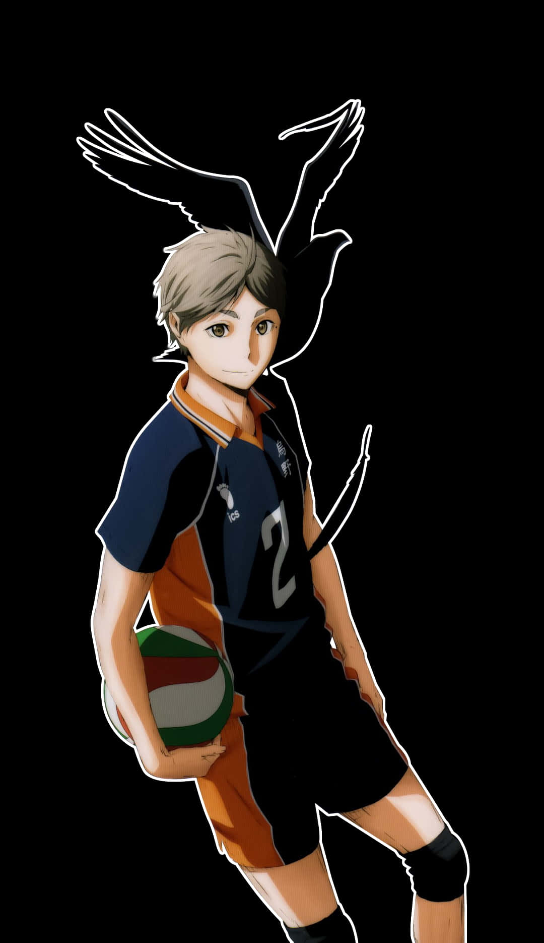 Asahi Azumane 桌布 壁紙 — 動漫排球運動員身穿二號球衣，手持球，頭後有翅膀，背景為黑色。