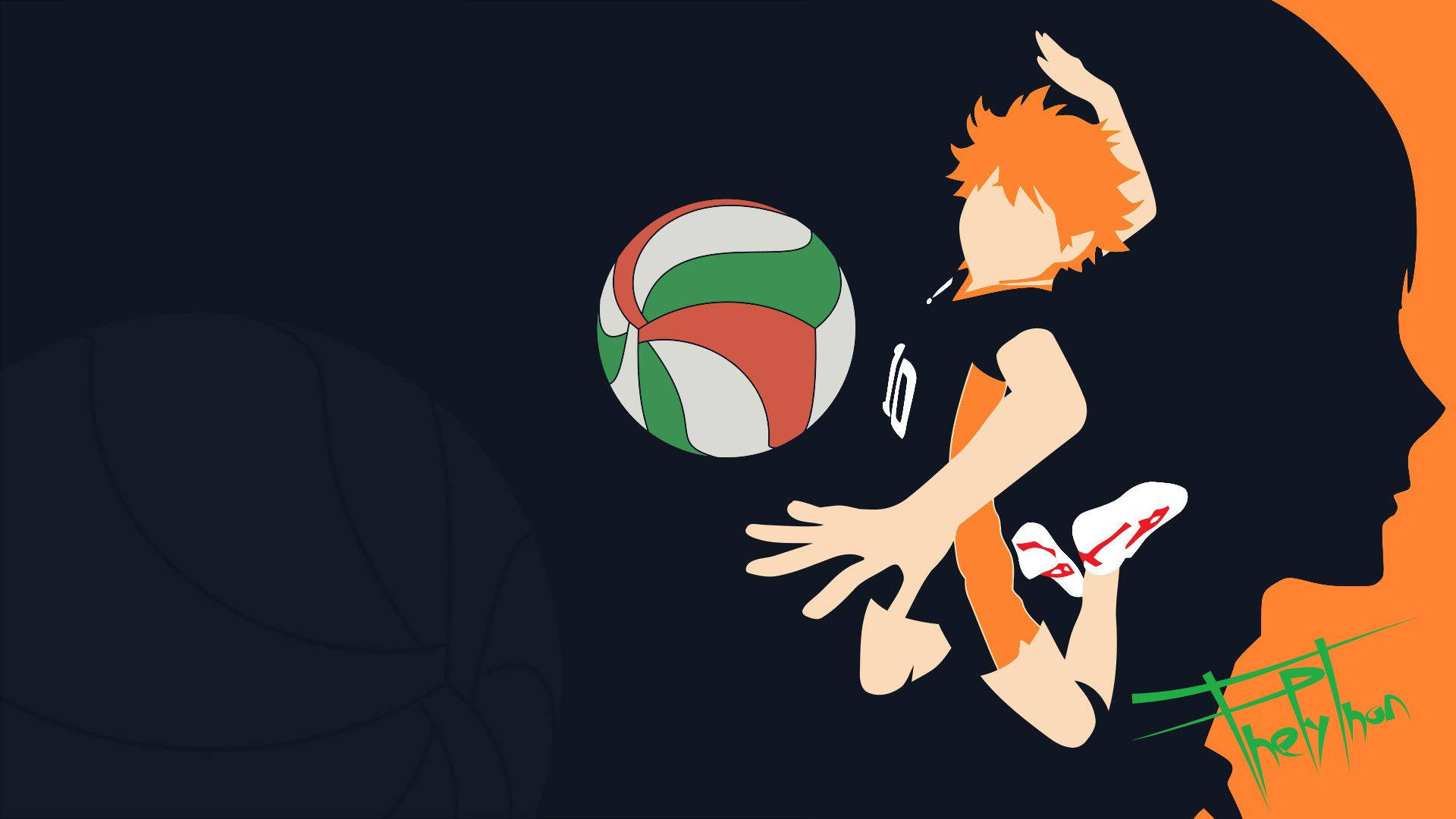 Hinata Shouyou 桌布 壁紙 — 動漫排球運動員身穿橙色制服，在深色背景上跳起扣殺彩色球，帶有橙色剪影。