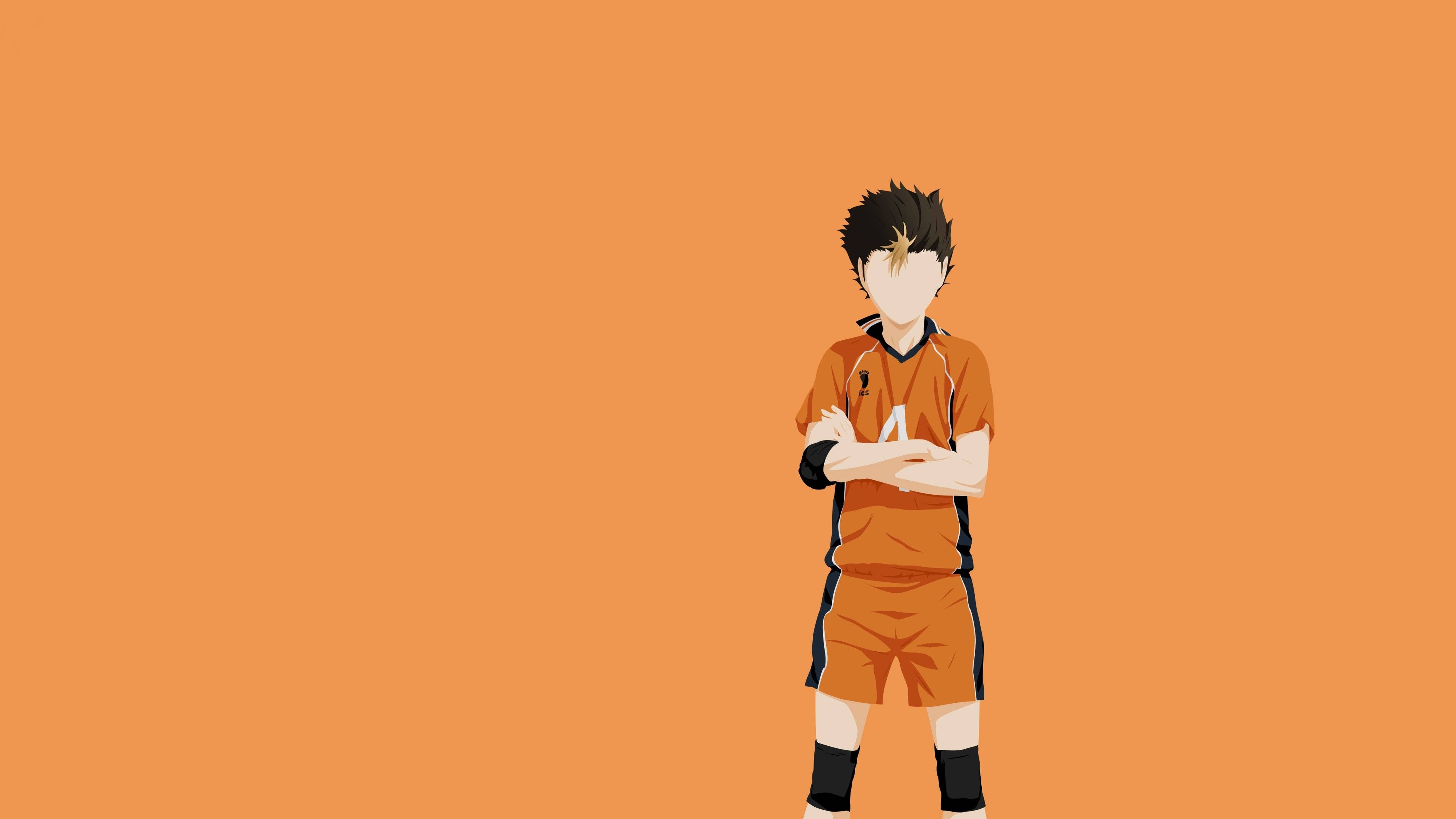 排球少年 桌布 壁紙 — 動漫排球運動員身穿橙色制服，雙臂交叉，自信地站在純橙色背景前。