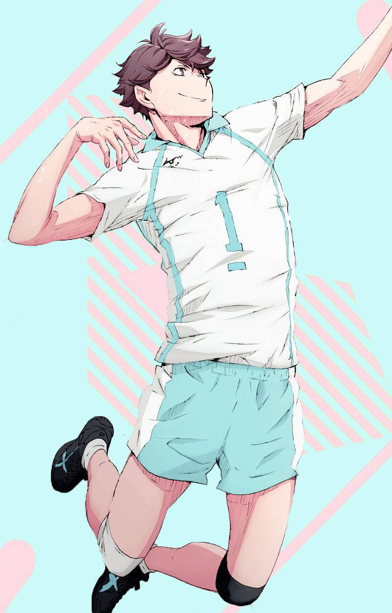 toru oikawa 桌布 壁紙 — 動漫排球運動員身穿白色一號球衣，在粉彩粉紅和藍色背景上動態跳躍。