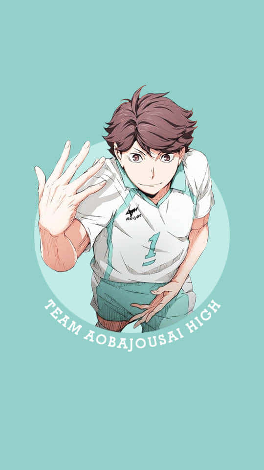 Haikyuu Captains 桌布 壁紙 — 動漫排球運動員身穿白色球衣，背號1號，在純青色背景前愉快地揮手。
