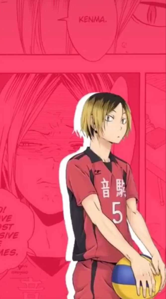 Kenma Kozume 桌布 壁紙 — 動漫排球選手 Kenma 身穿紅色球衣，在漫畫面板背景下持球。