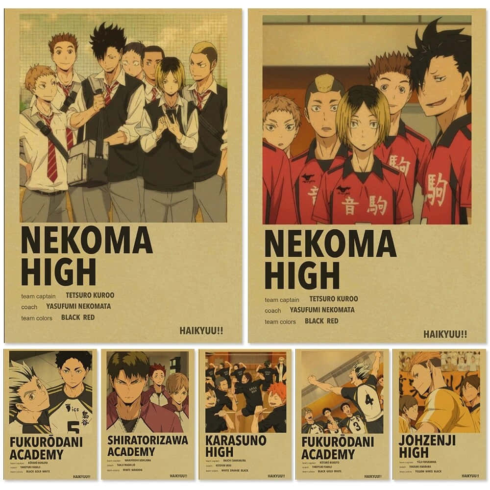 Johzenji High 桌布 壁紙 — 動漫排球隊海報，角色穿著校服和球衣，帶有隊伍名稱和顏色。