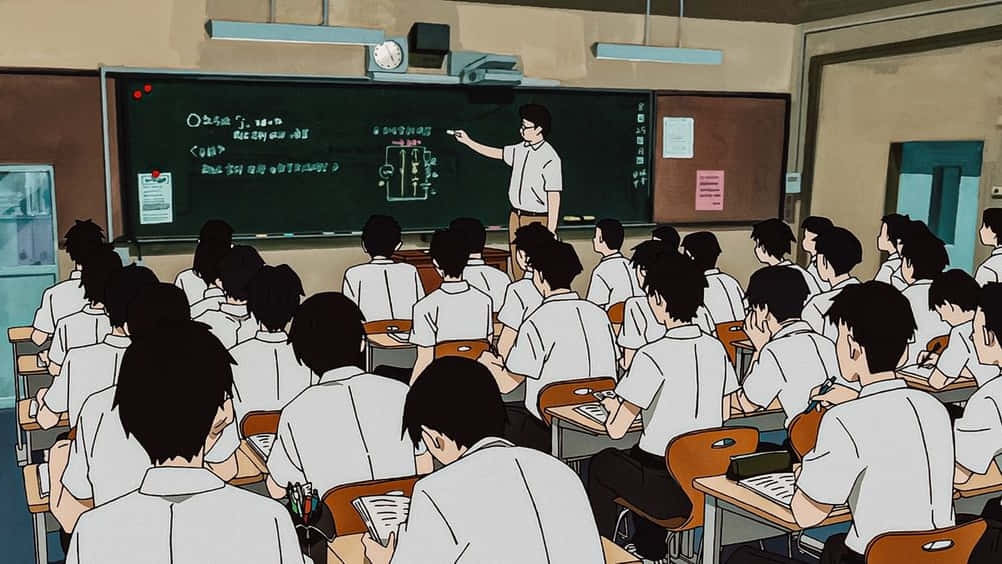 teachers 桌布 壁紙 — 動漫教室場景，學生穿著白色制服面向在黑板上寫字的老師。