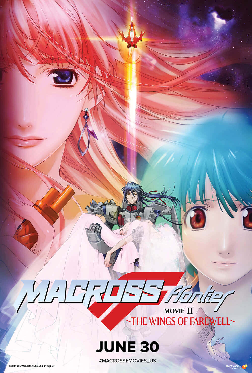 Macross 桌布 壁紙 — 動漫海報，描繪一位紅髮女性、藍髮少女和駕駛機甲的飛行員，手持發光劍，背景為宇宙。
