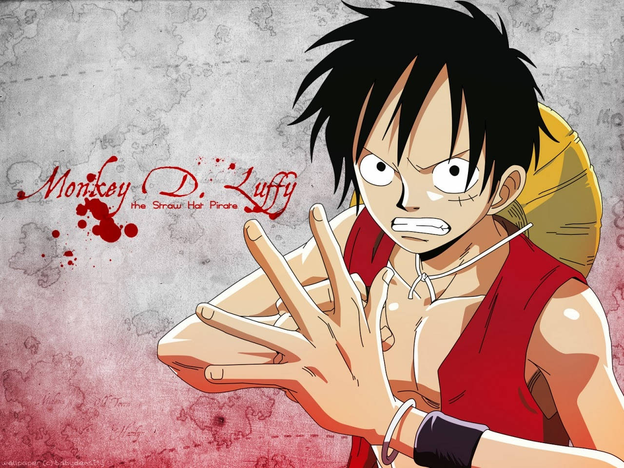 luffy 4K 桌布 壁紙 — 動漫海賊魯夫身穿紅色背心，在帶有紋理的紅灰色背景前做出和平手勢，他的名字以紅色飛濺文字呈現。