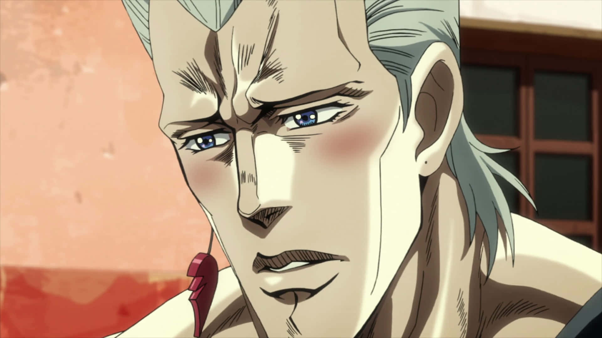 Stardust Crusaders 桌布 壁紙 — 動漫男子特寫，銀色頭髮，藍色眼睛，眼神銳利，肩上掛著紅色電話，怒目而視。