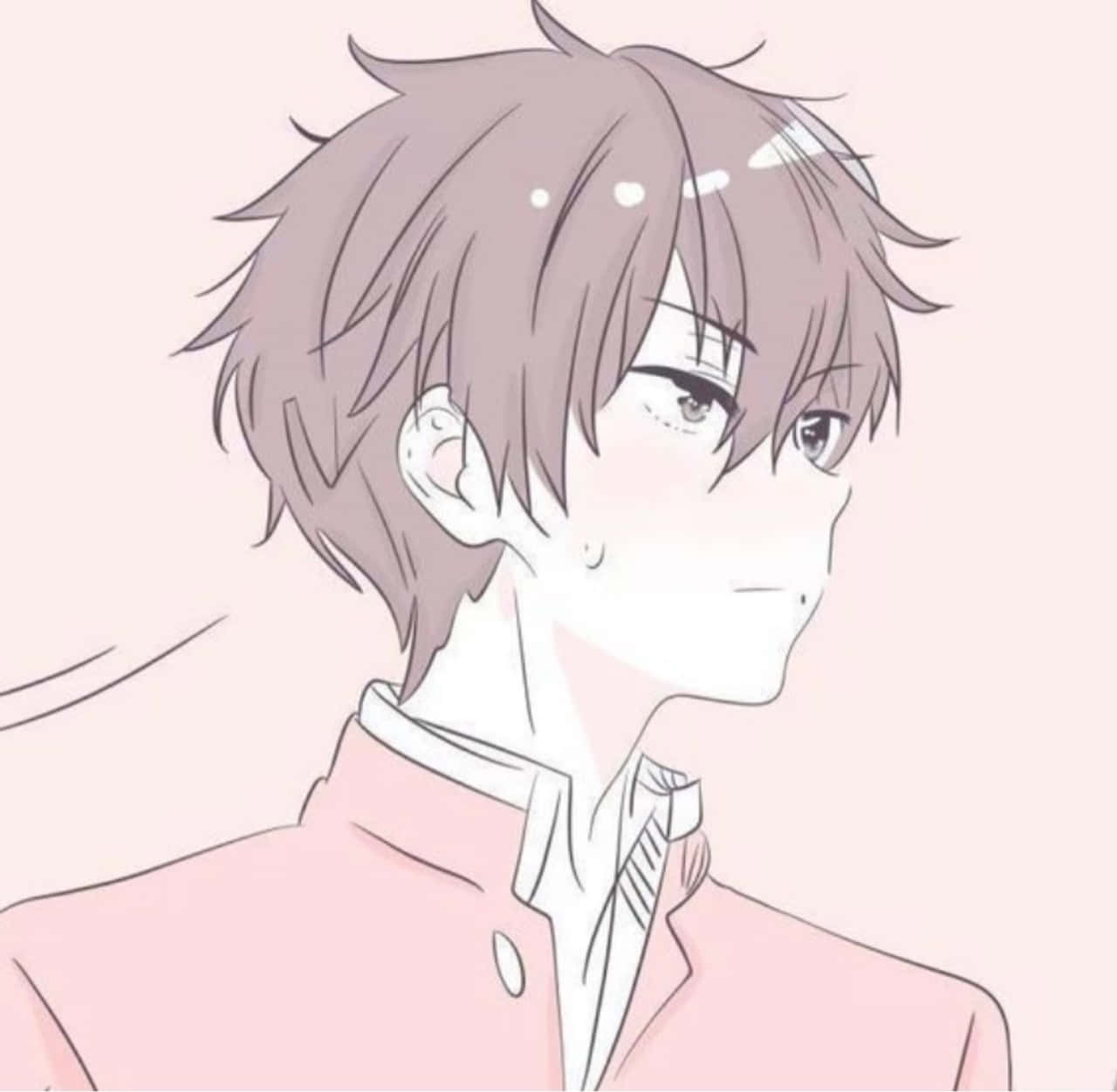 動漫男孩 桌布 壁紙 — 動漫男孩，一頭凌亂的棕色頭髮，穿著柔軟的粉紅色外套，在柔和背景前若有所思地凝視。