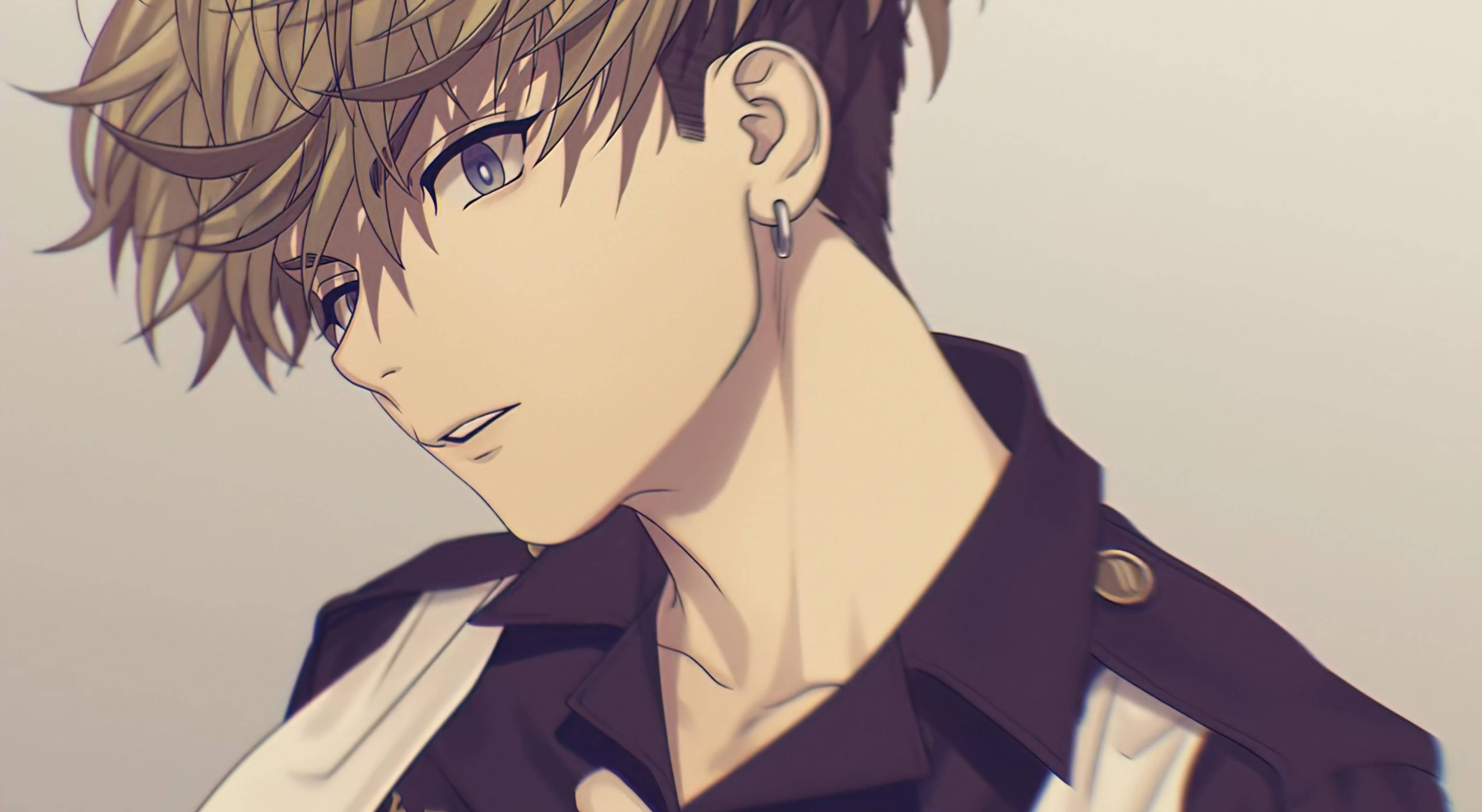 chifuyu matsuno 桌布 壁紙 — 動漫男孩，一頭凌亂的金髮和藍眼睛，穿著深色外套，側面凝視，若有所思。