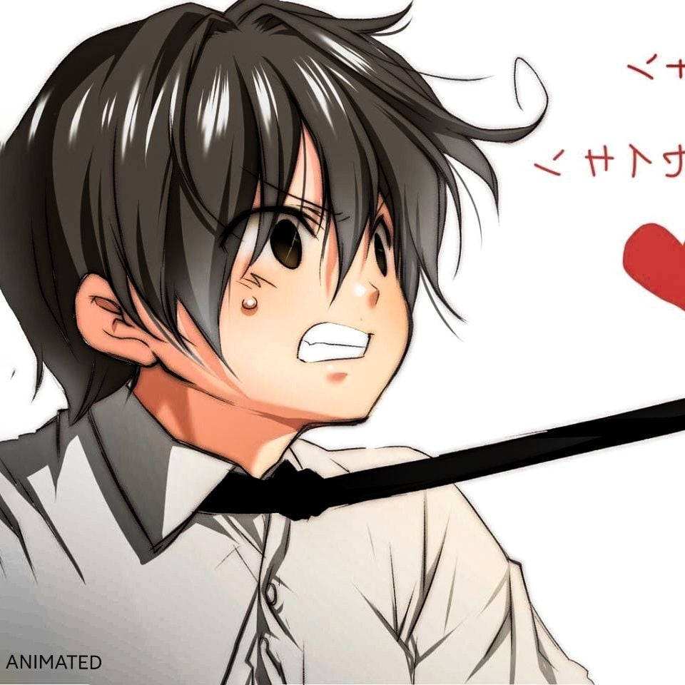 Crazy Anime Boy 桌布 壁紙 — 動漫男孩，一頭凌亂的黑髮和大眼睛，看起來很驚訝，一條黑色絲帶劃過他的脖子。