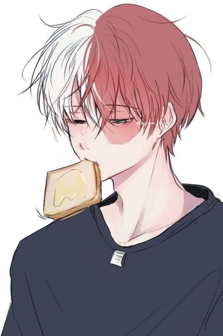 我的英雄學院 桌布 壁紙 — 動漫男孩，半白半紅頭髮，咬著蜂蜜釉面吐司，背景為純白色。