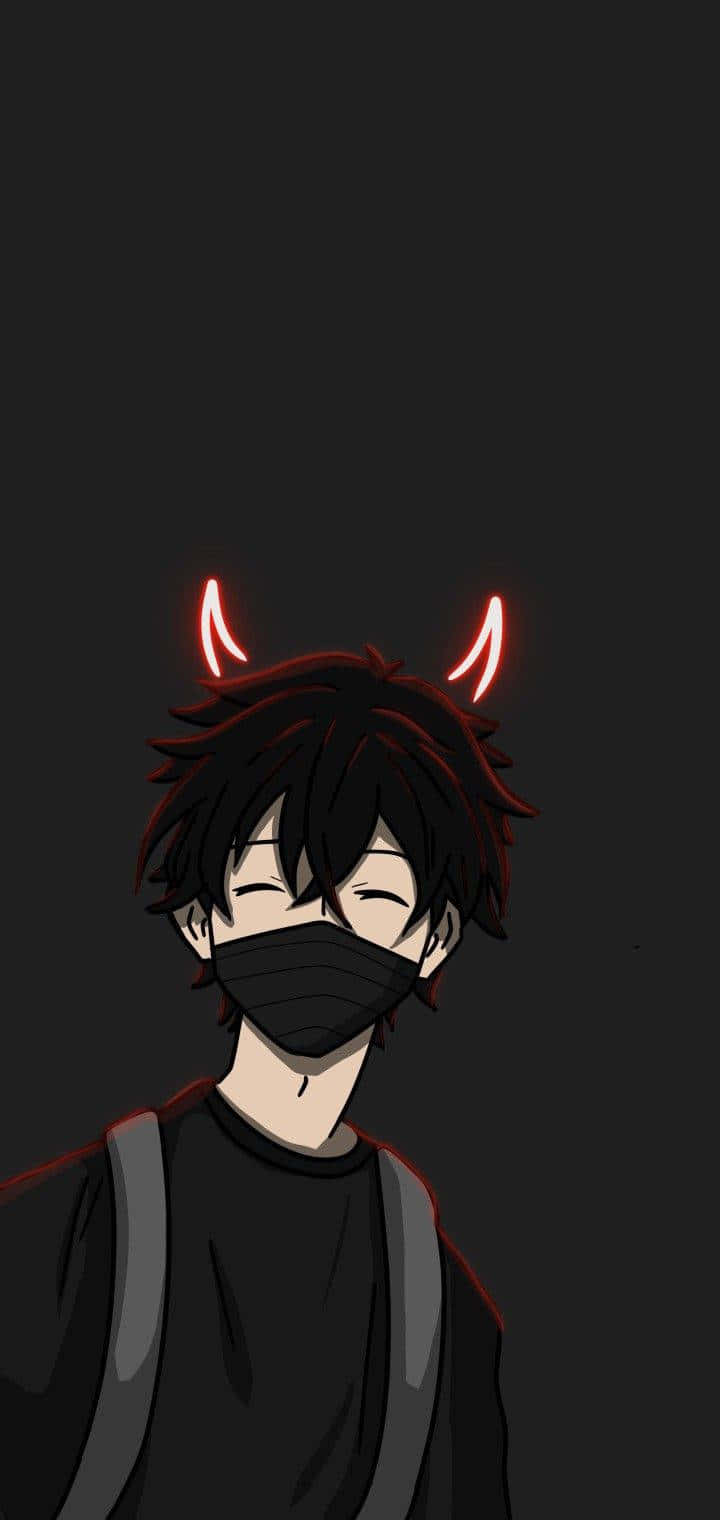 Cute Anime Boy 桌布 壁紙 — 動漫男孩，在黑暗背景中帶有發光的紅色角和黑色面具。